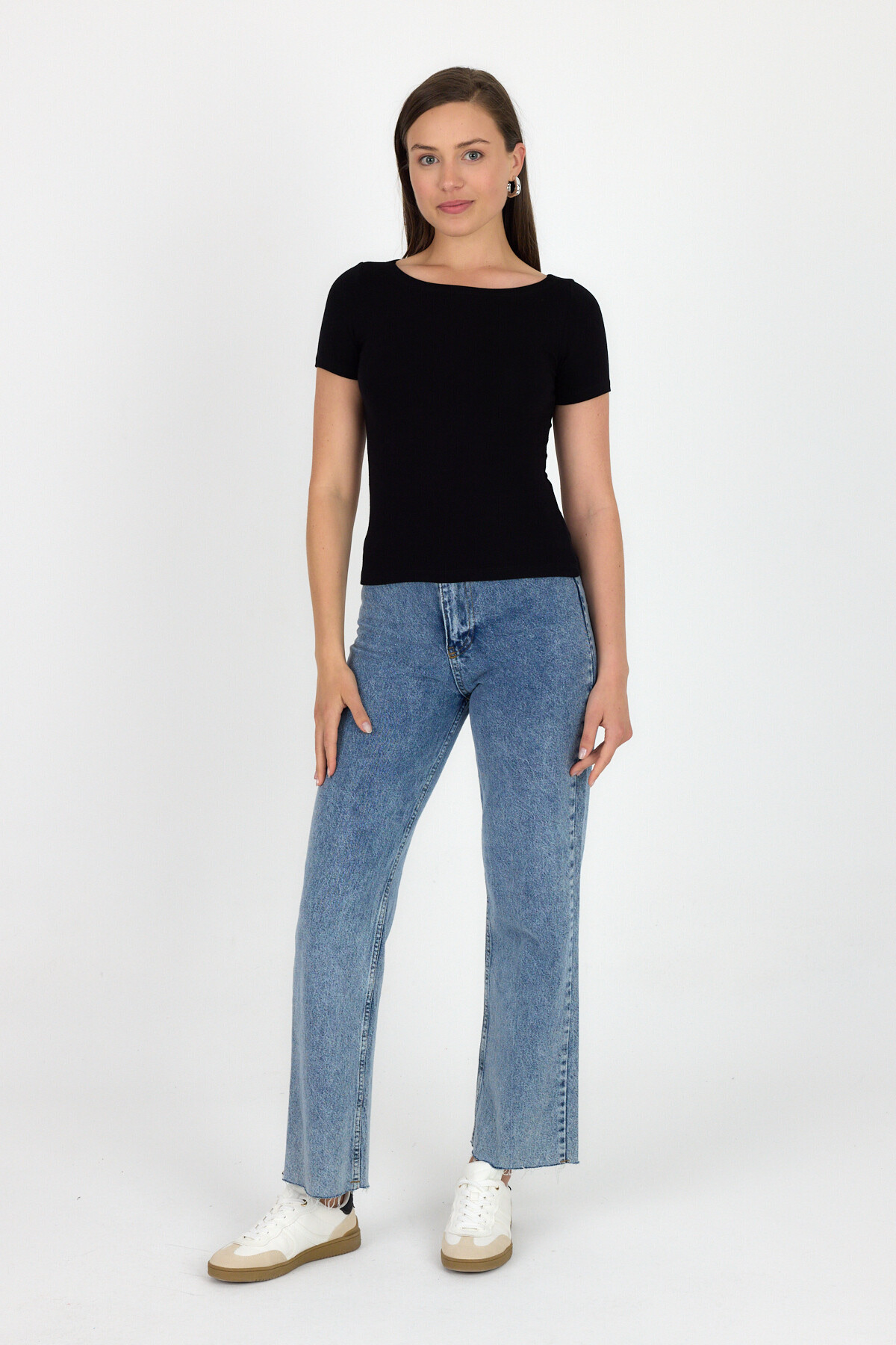 Siyah Bisiklet Yaka Viskoz/Yumuşak Kumaş Tişört 1469 - 3