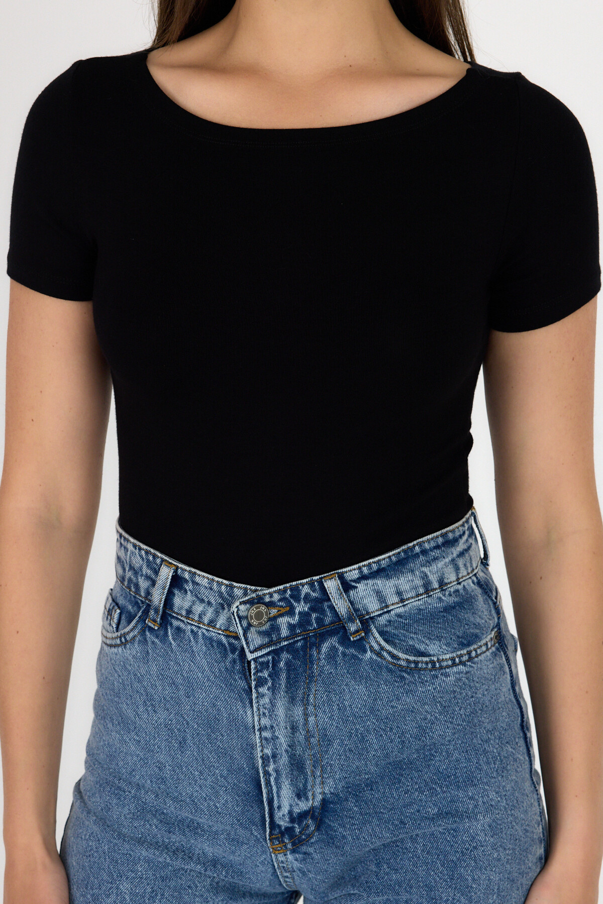 Siyah Bisiklet Yaka Viskoz/Yumuşak Kumaş Tişört 1469 - 4