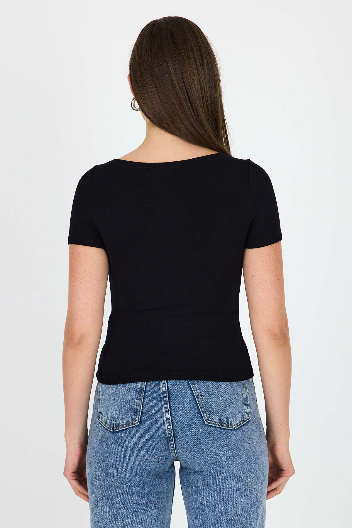 Siyah Bisiklet Yaka Viskoz/Yumuşak Kumaş Tişört 1469 - 5