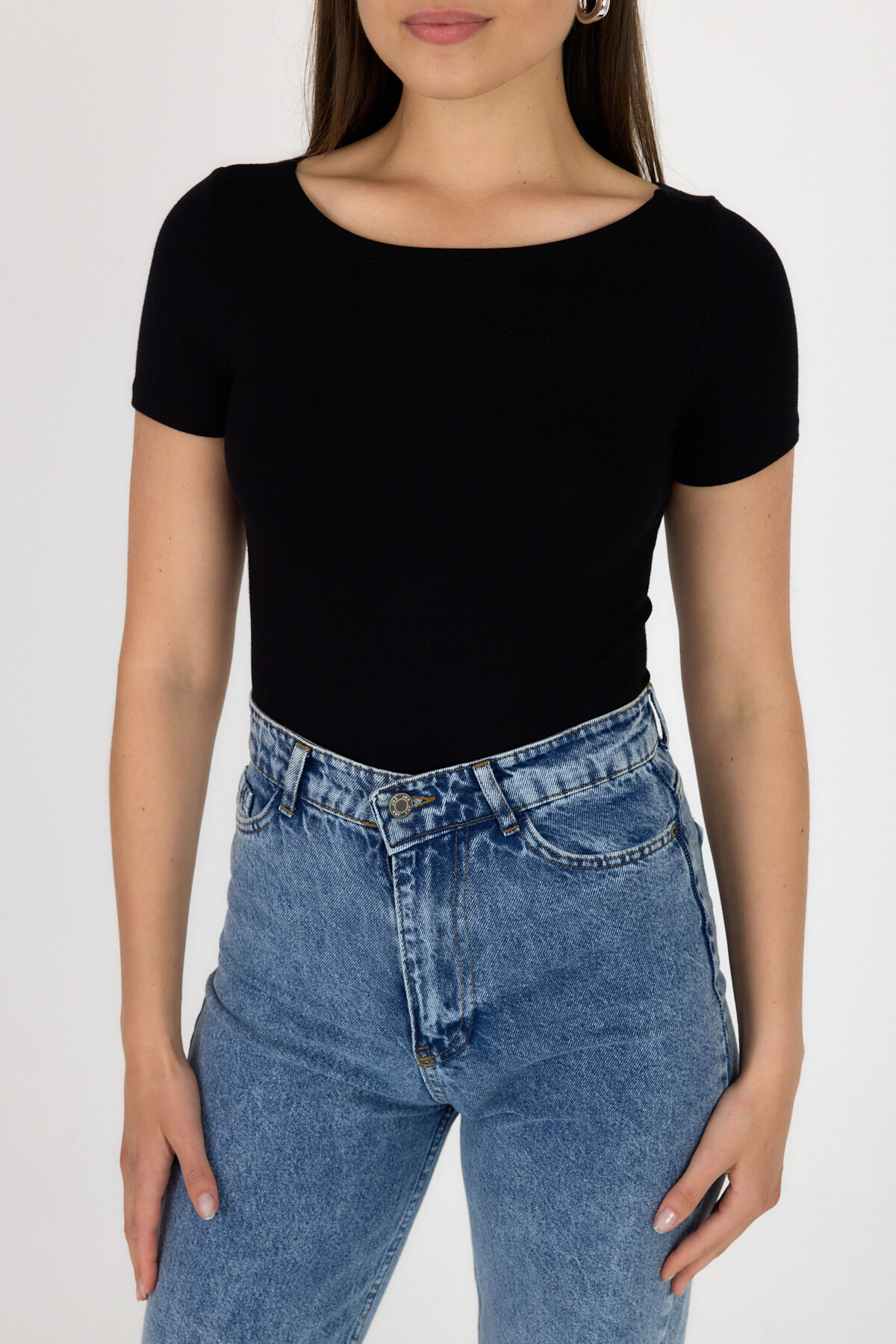 Siyah Bisiklet Yaka Viskoz/Yumuşak Kumaş Tişört 1469 - 6