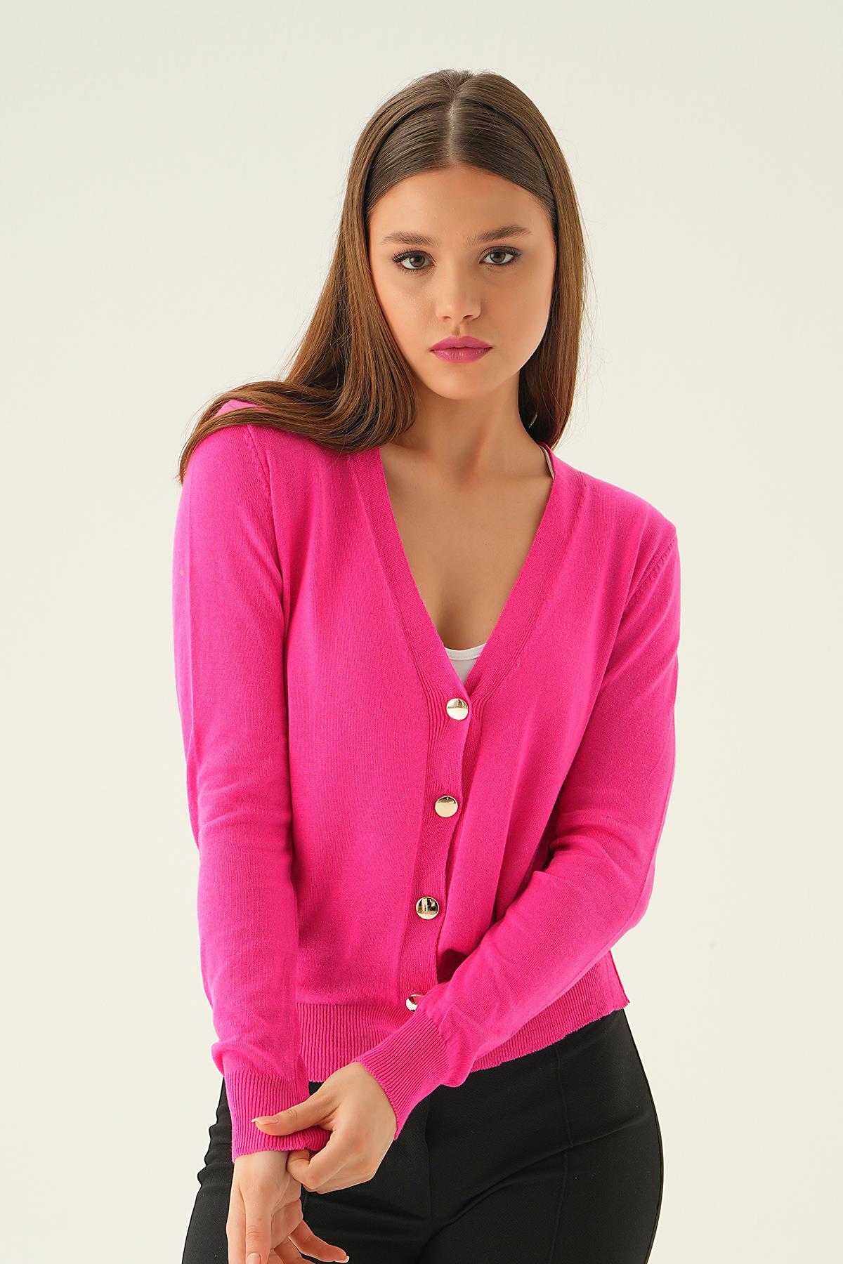 1471 Önü Düğmeli Hırka Fuşya 