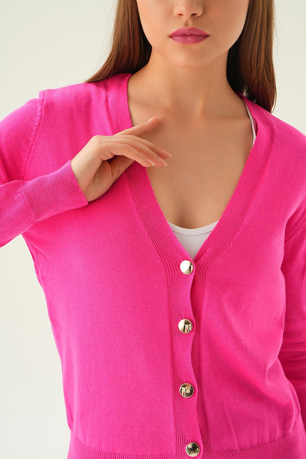 Fuşya Önü Düğmeli Hırka 1471 - 2