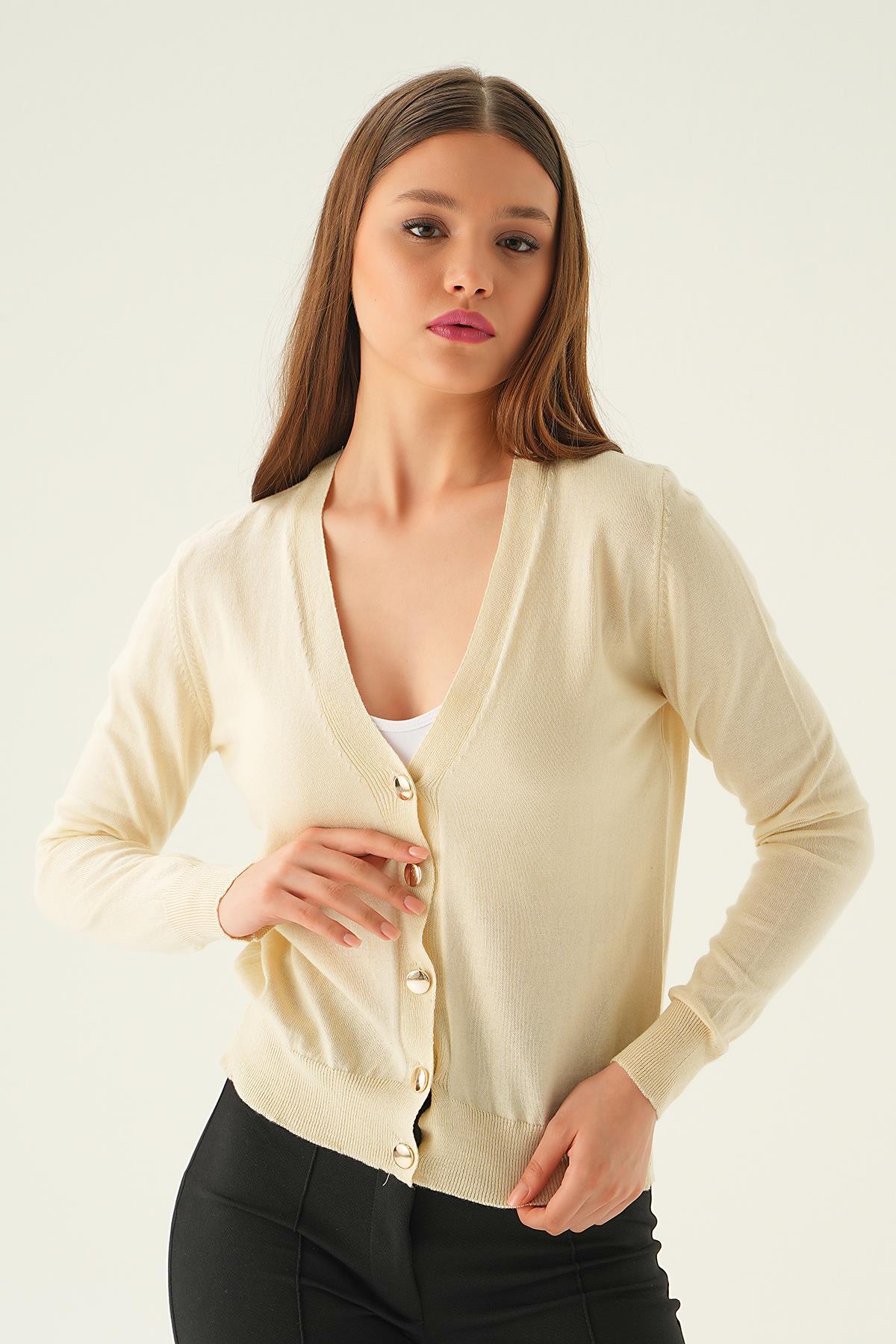 1471 Önü Düğmeli Hırka Kemik - 3