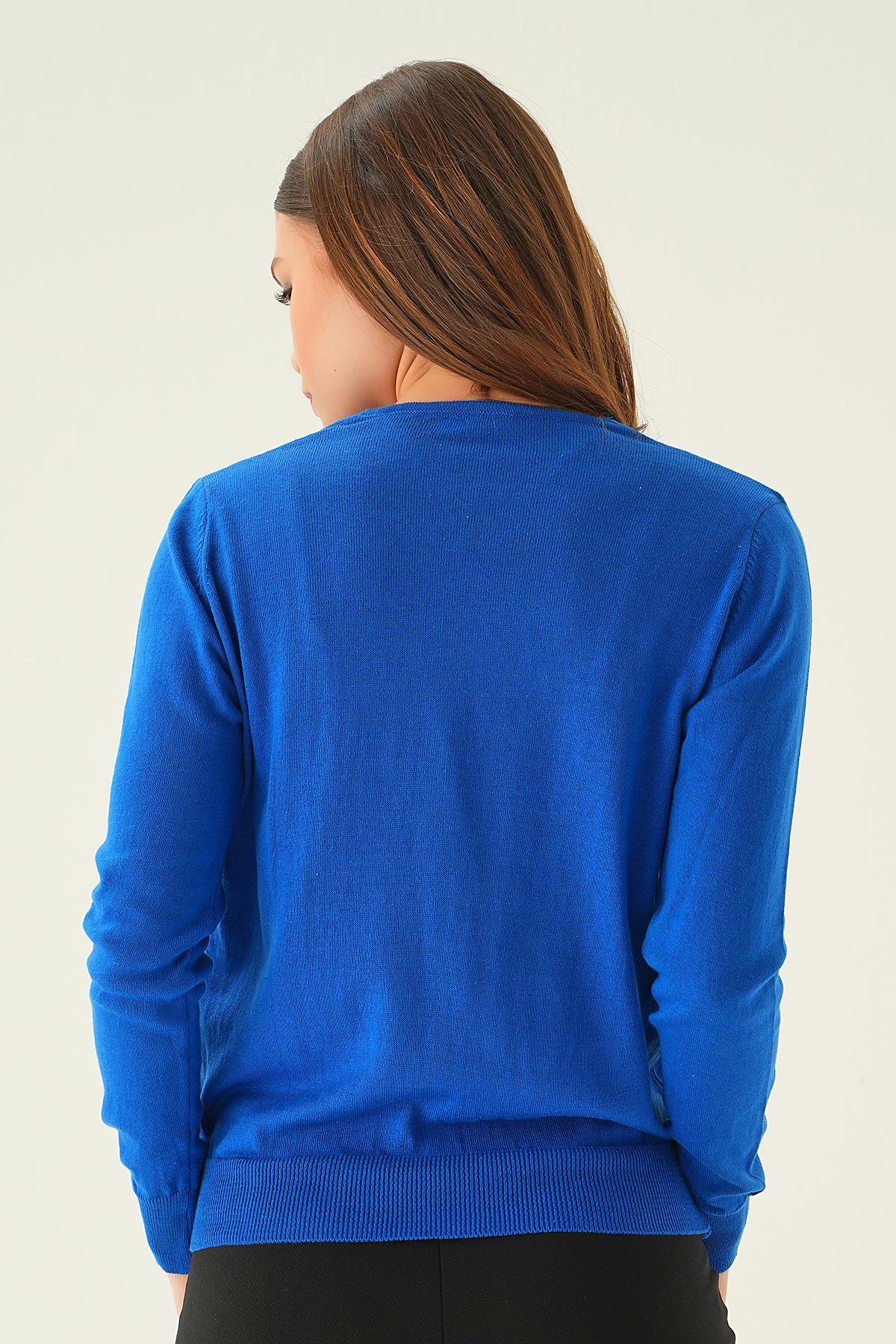 1471 Önü Düğmeli Hırka Saks - 5