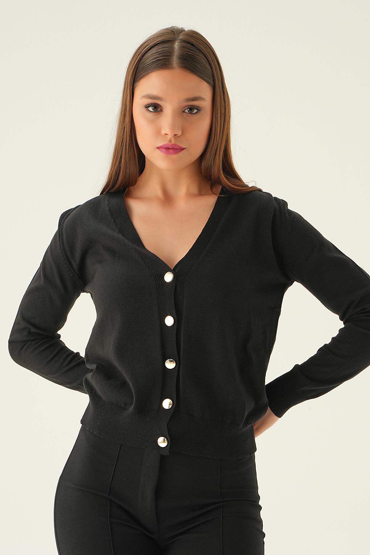 1471 Önü Düğmeli Hırka Siyah - 1