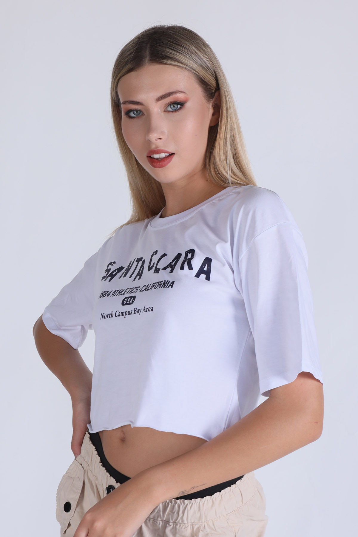 Beyaz Santa Clara Baskı Oversize Tişört 1477 - 2