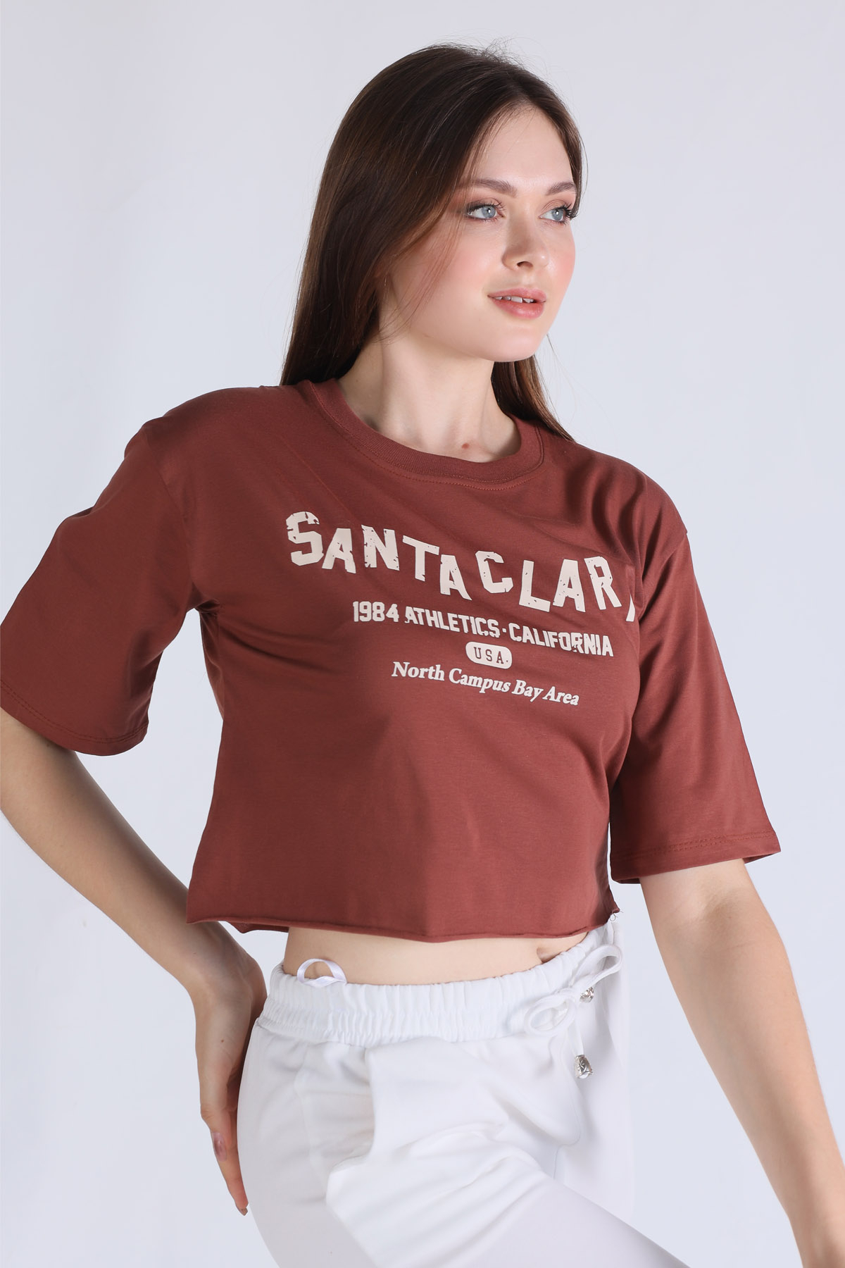 1477 Santa Clara Baskı Oversize Tişört Tarçın 