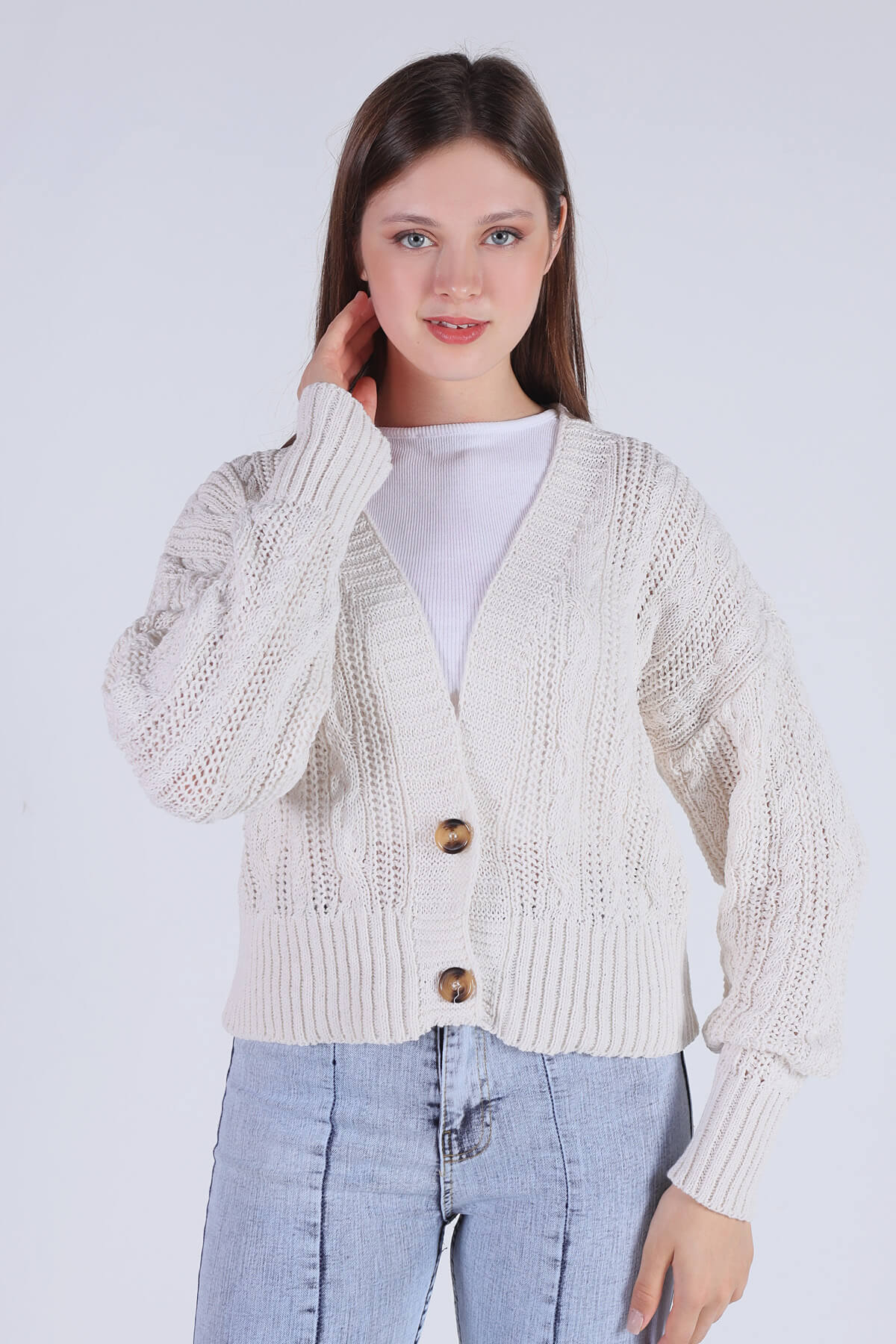 1486 Çift Düğmeli Hırka Ekru - 4