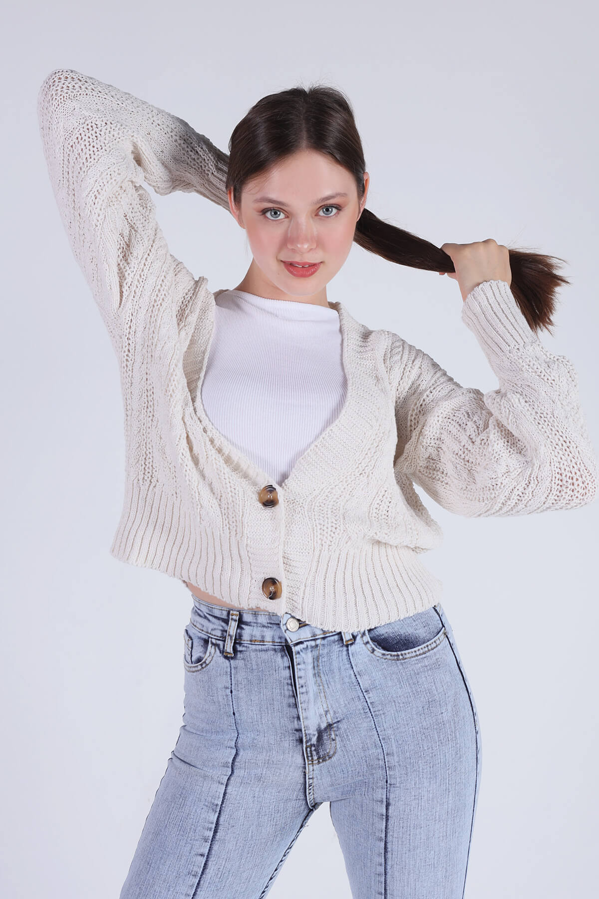 Ekru Çift Düğmeli Hırka 1486 - 5