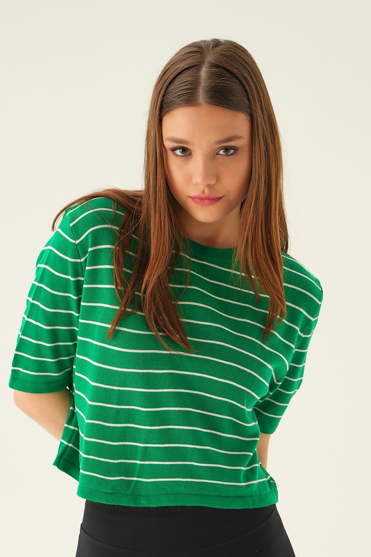 1488 Çizgili Tişört Benetton Yeşili - 4