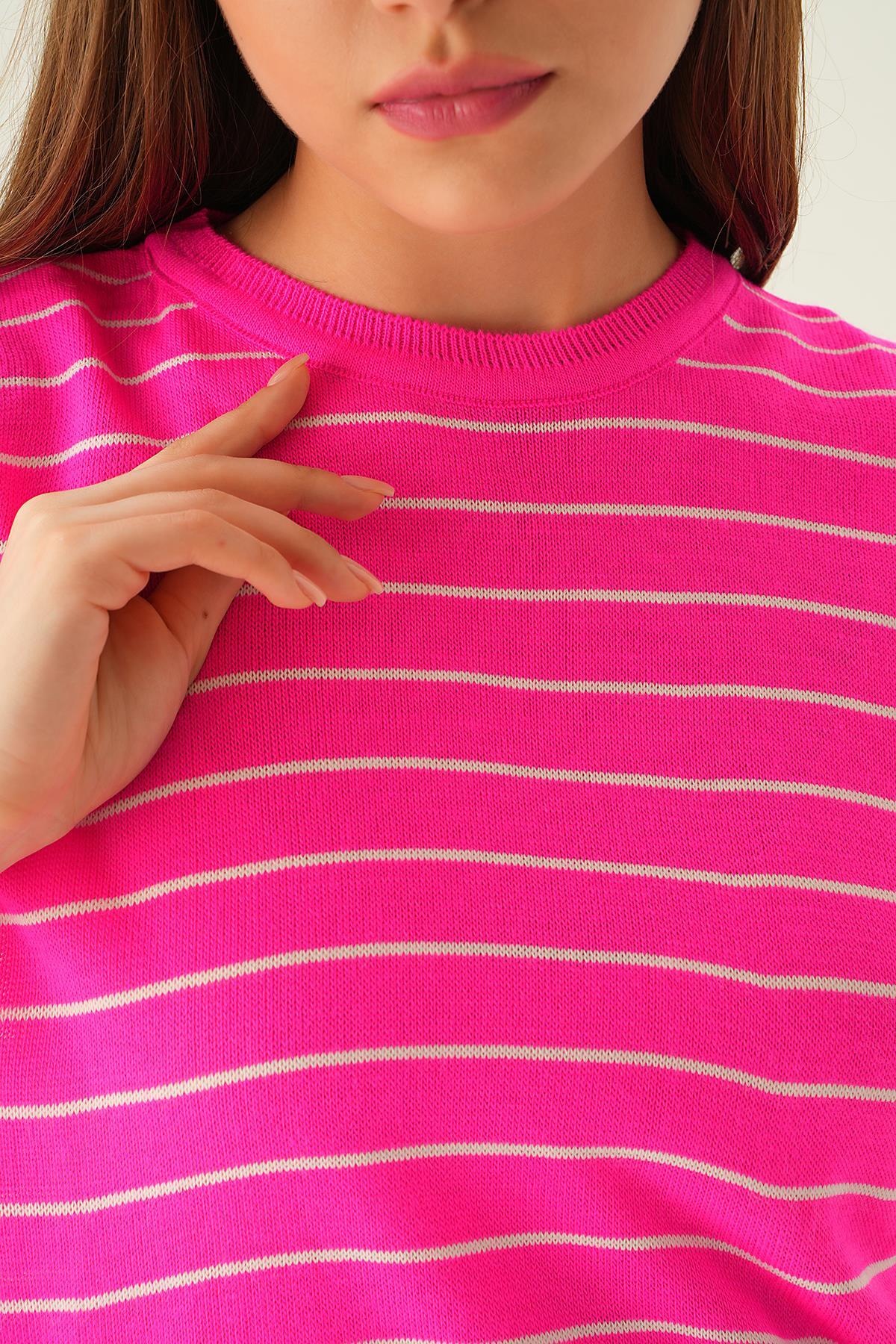 1488 Çizgili Tişört Fuşya - 6