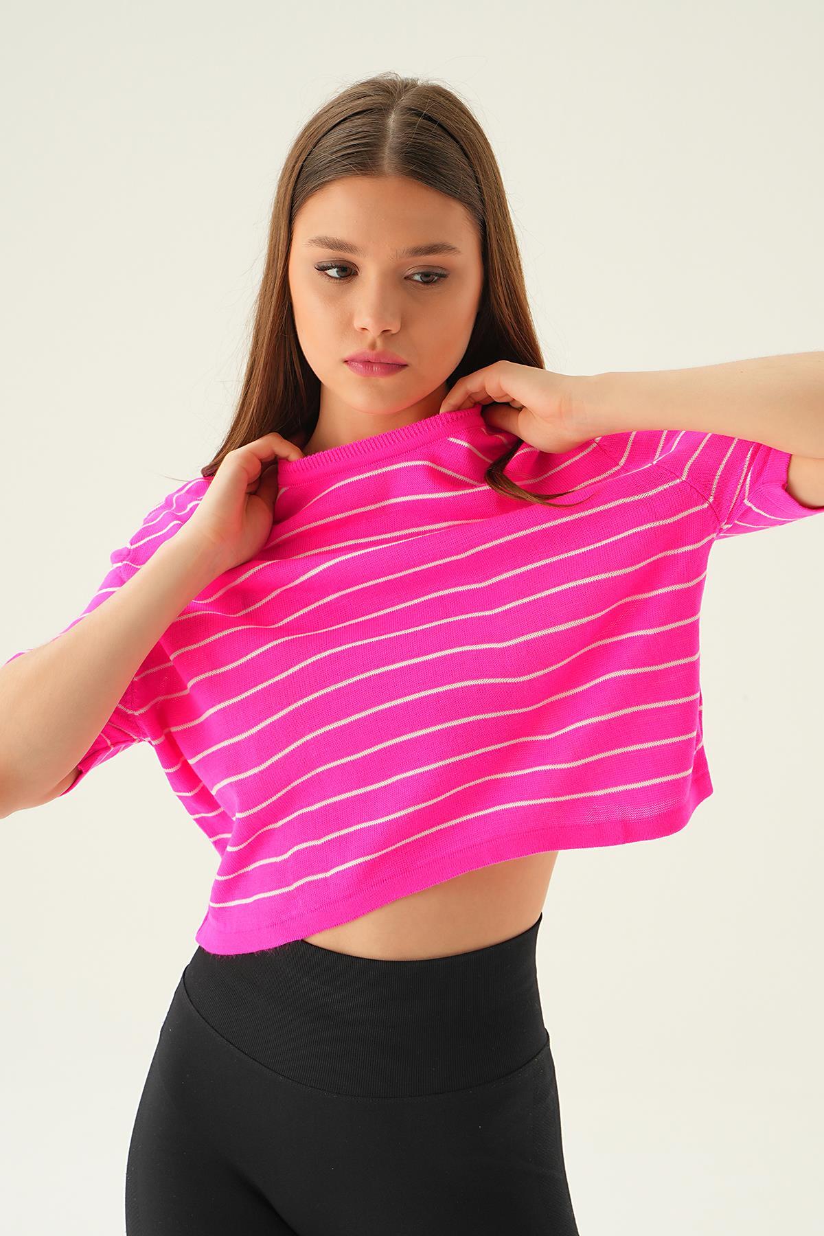 Fuşya Çizgili Tişört 1488 - 2