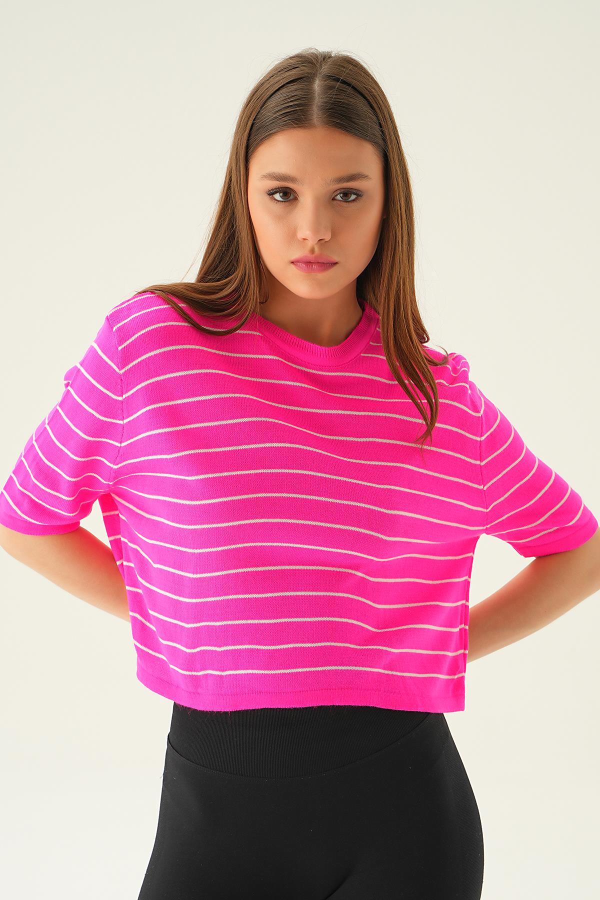 Fuşya Çizgili Tişört 1488 - 3