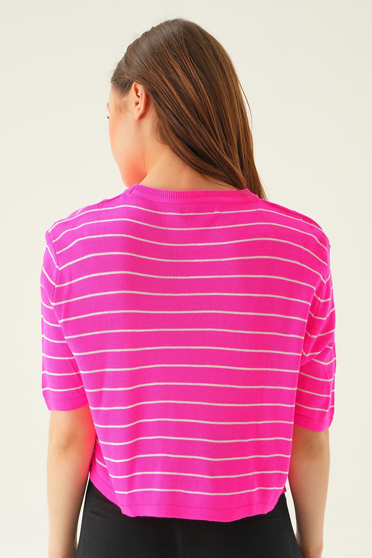 Fuşya Çizgili Tişört 1488 - 5