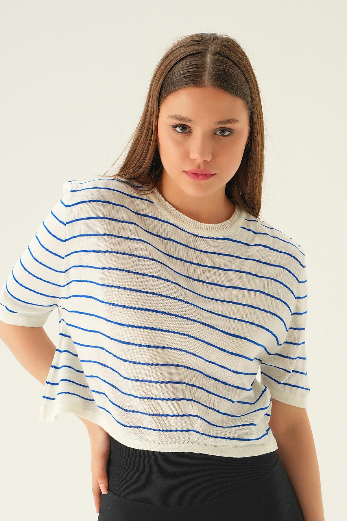 1488 Çizgili Tişört Kemik-Saks - 1