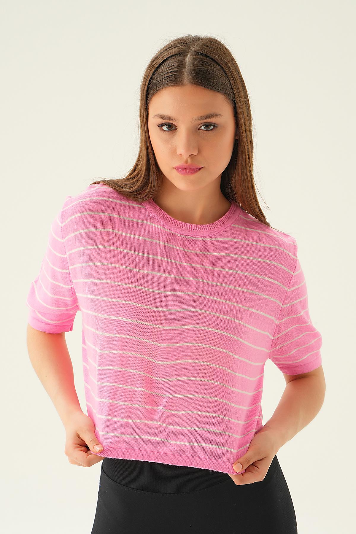 1488 Çizgili Tişört Pembe - 1