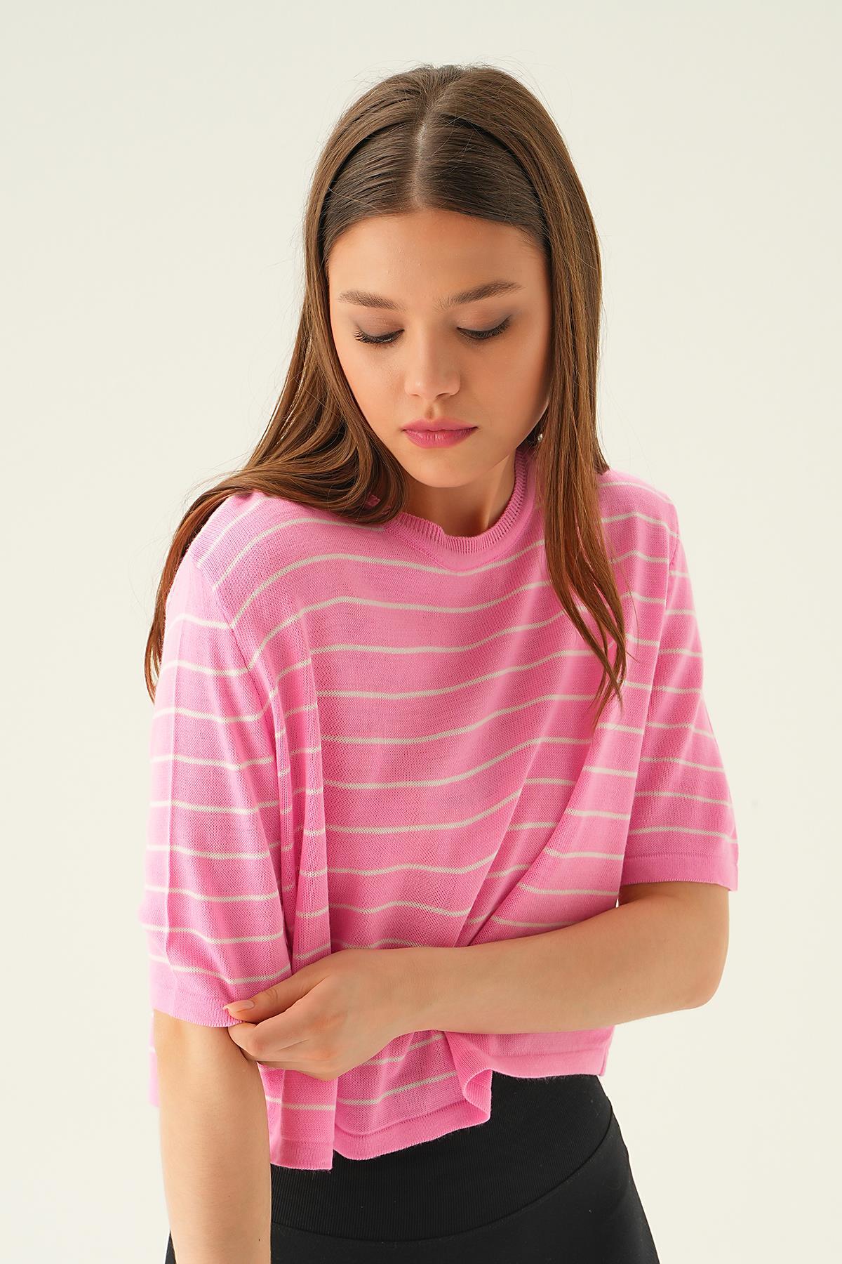 1488 Çizgili Tişört Pembe - 2