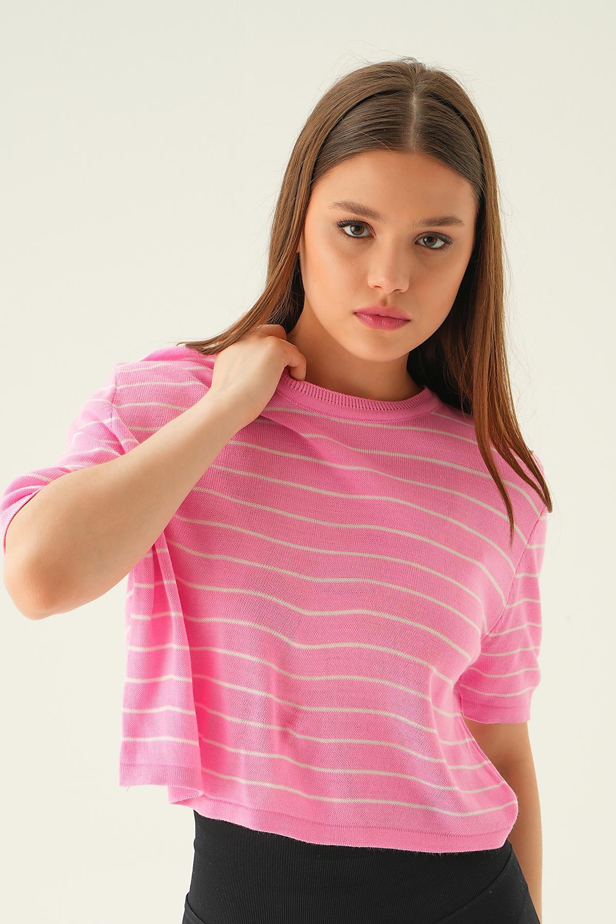 Çizgili Tişört 1488 Pembe - 4