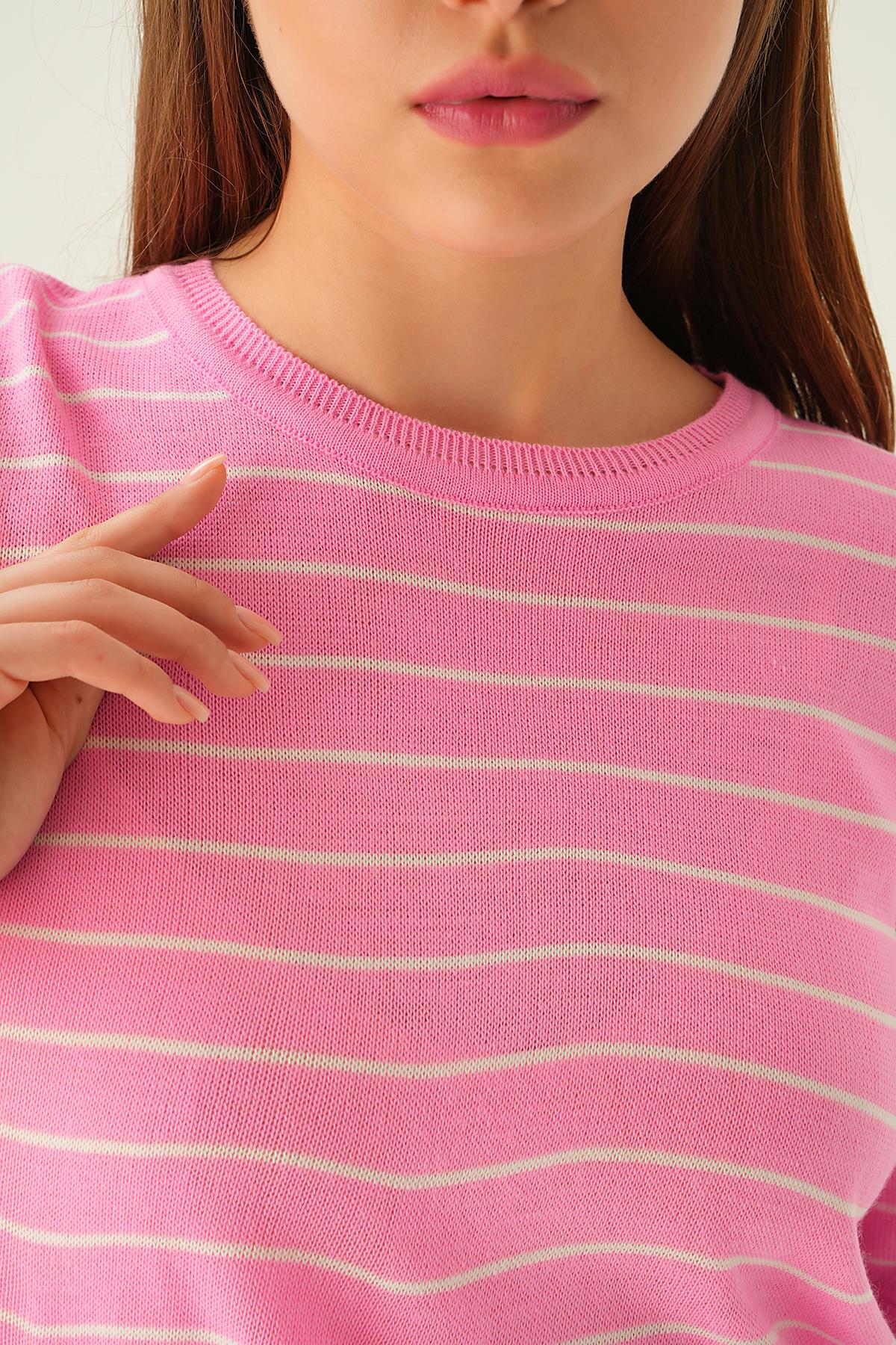 Çizgili Tişört 1488 Pembe - 6