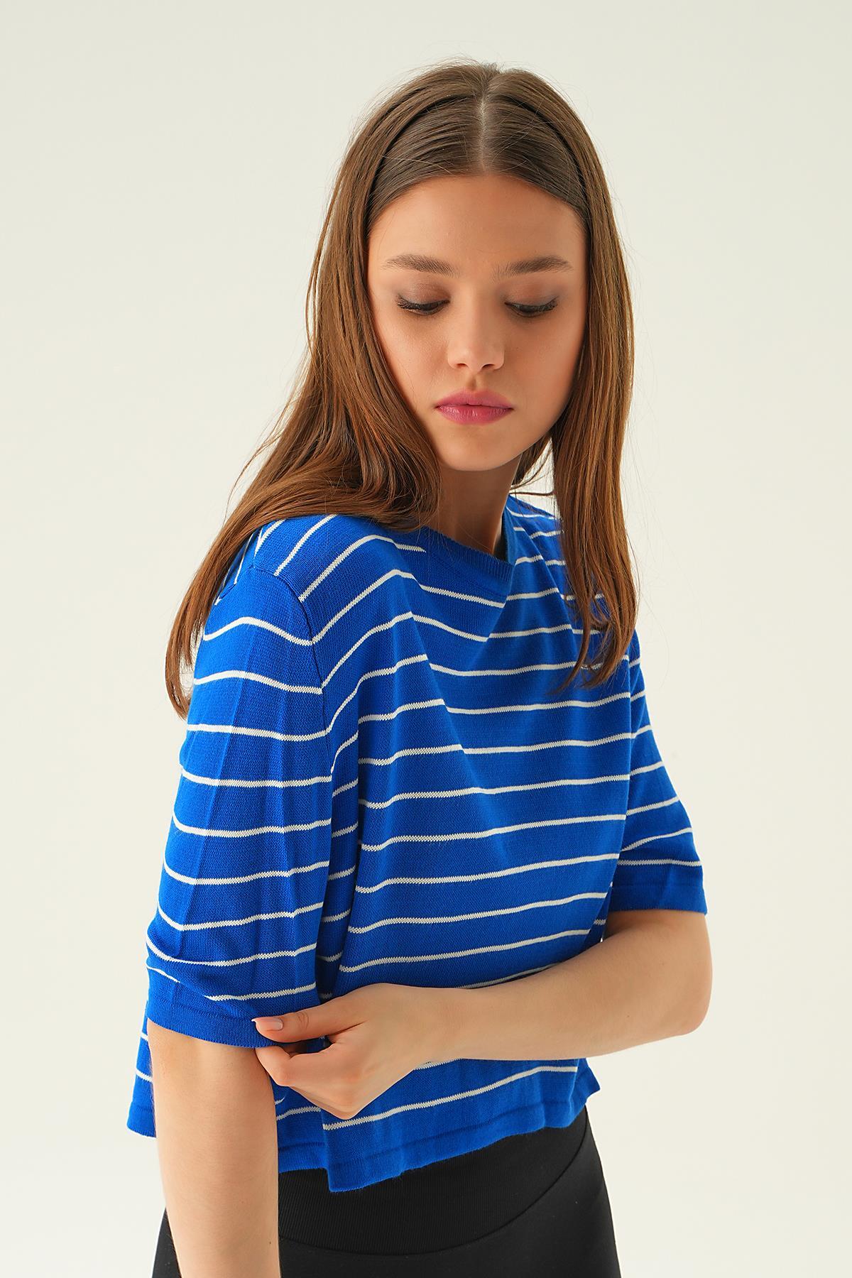 1488 Çizgili Tişört Saks - 3