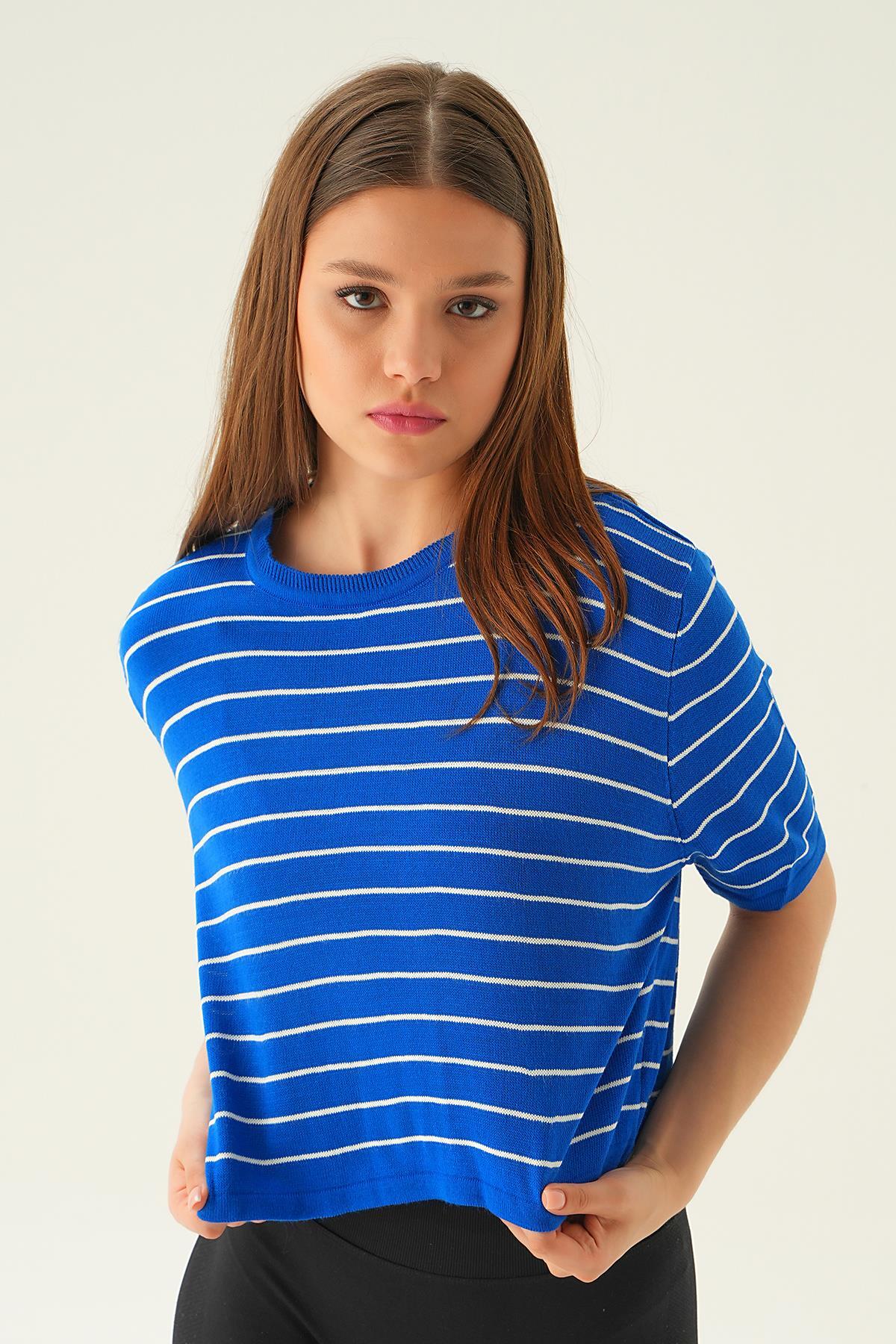 1488 Çizgili Tişört Saks - 4