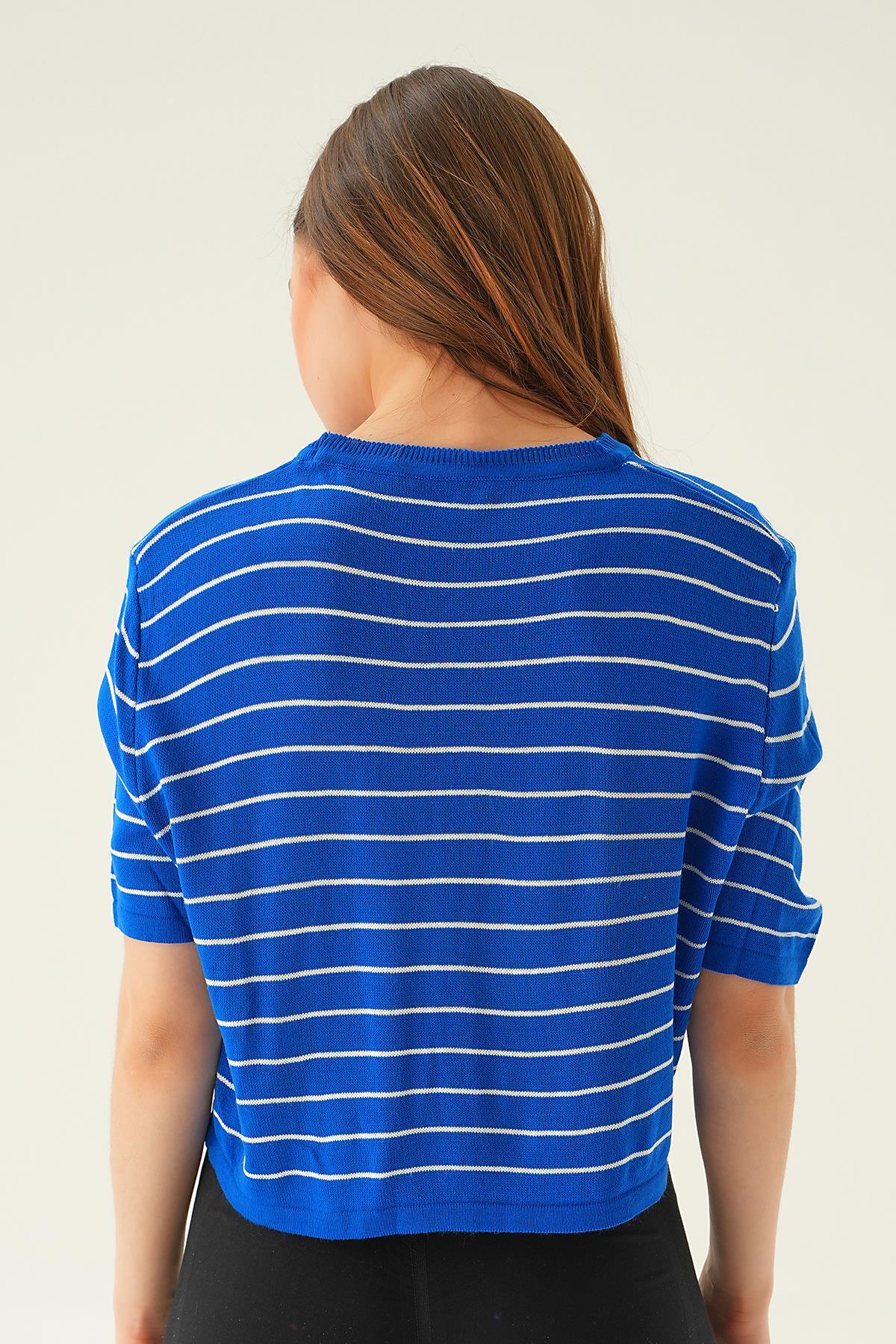 1488 Çizgili Tişört Saks - 5