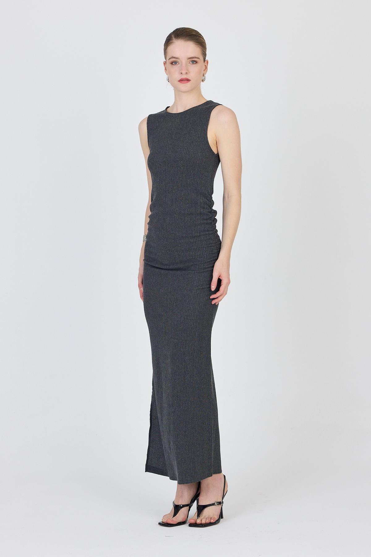 Füme Bisiklet Yaka Yanları Büzgülü Uzun Elbise 1489 - RAYS