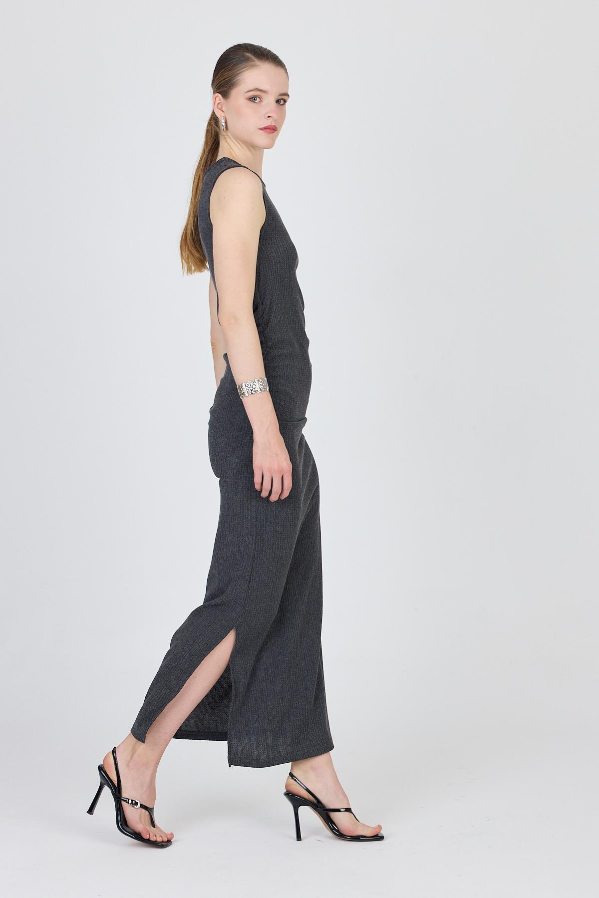 Füme Bisiklet Yaka Yanları Büzgülü Uzun Elbise 1489 - RAYS