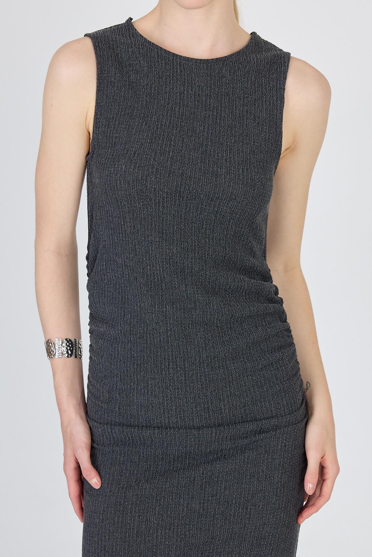 Füme Bisiklet Yaka Yanları Büzgülü Uzun Elbise 1489 - 4