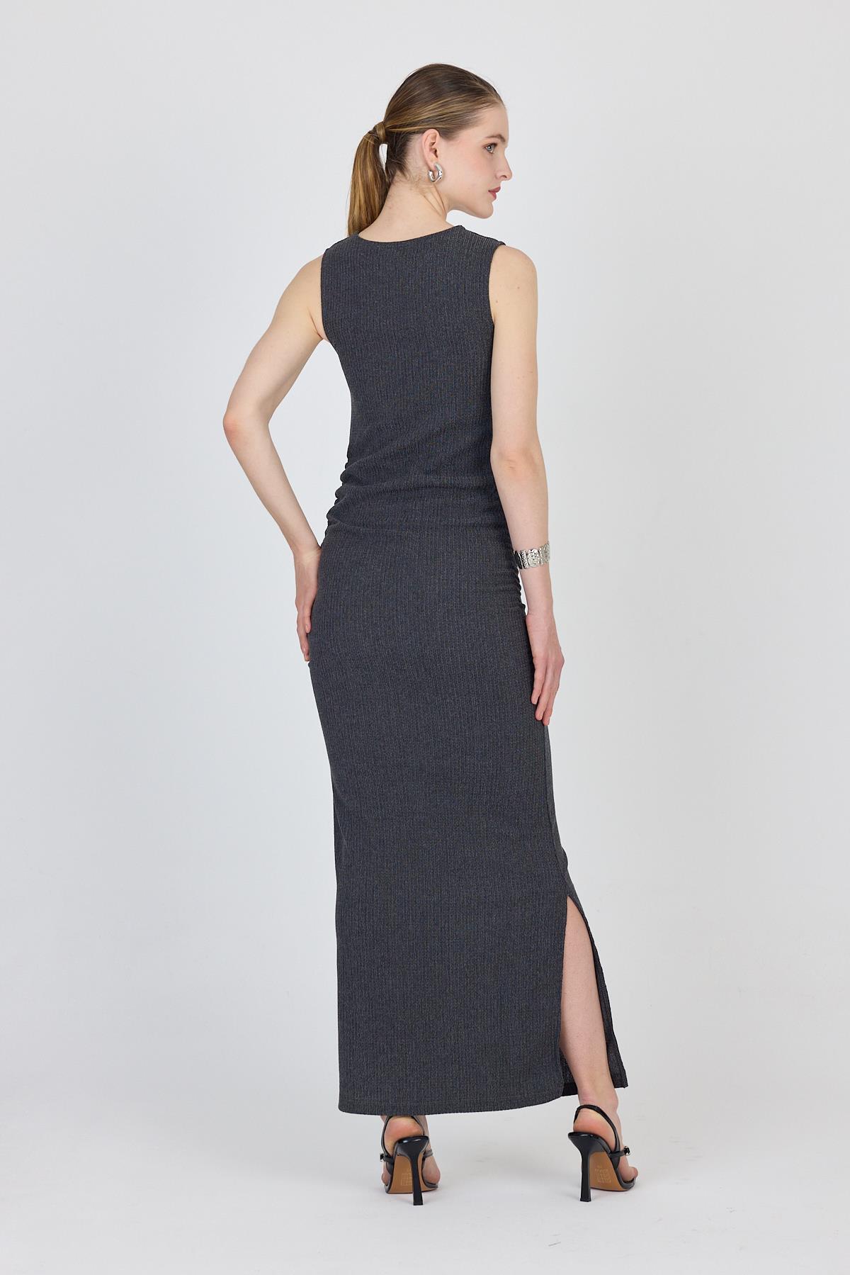 Füme Bisiklet Yaka Yanları Büzgülü Uzun Elbise 1489 - 5