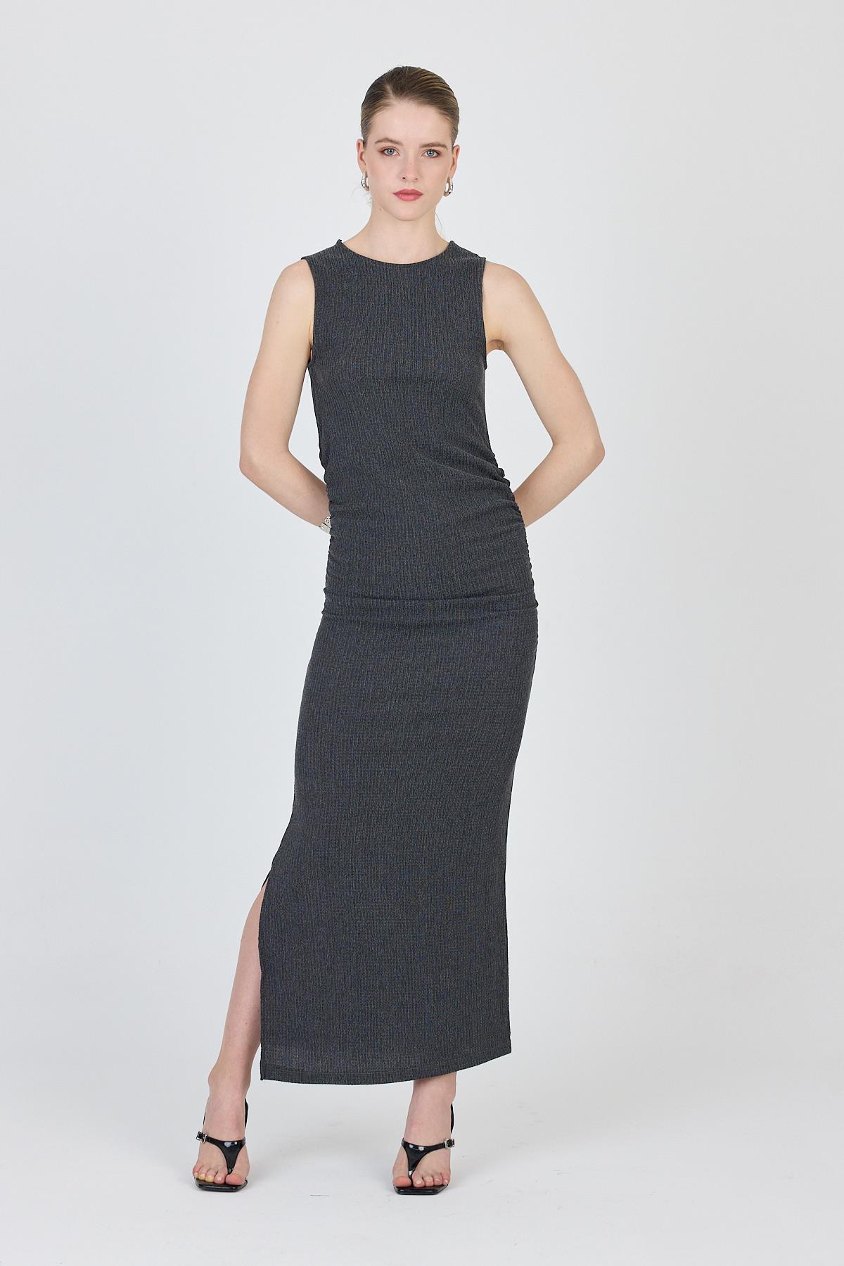 Füme Bisiklet Yaka Yanları Büzgülü Uzun Elbise 1489 