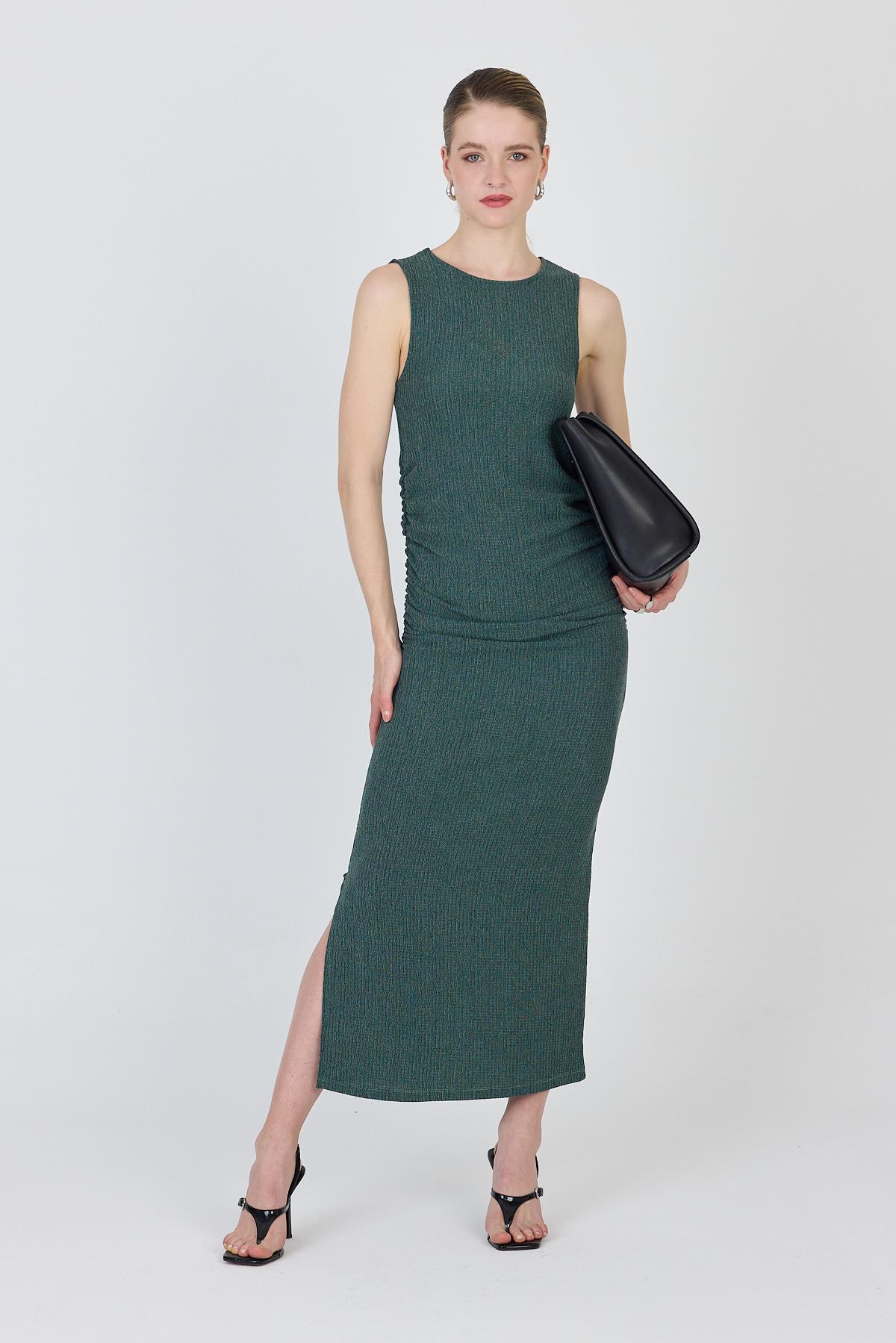 Yeşil Bisiklet Yaka Yanları Büzgülü Uzun Elbise 1489 - 1