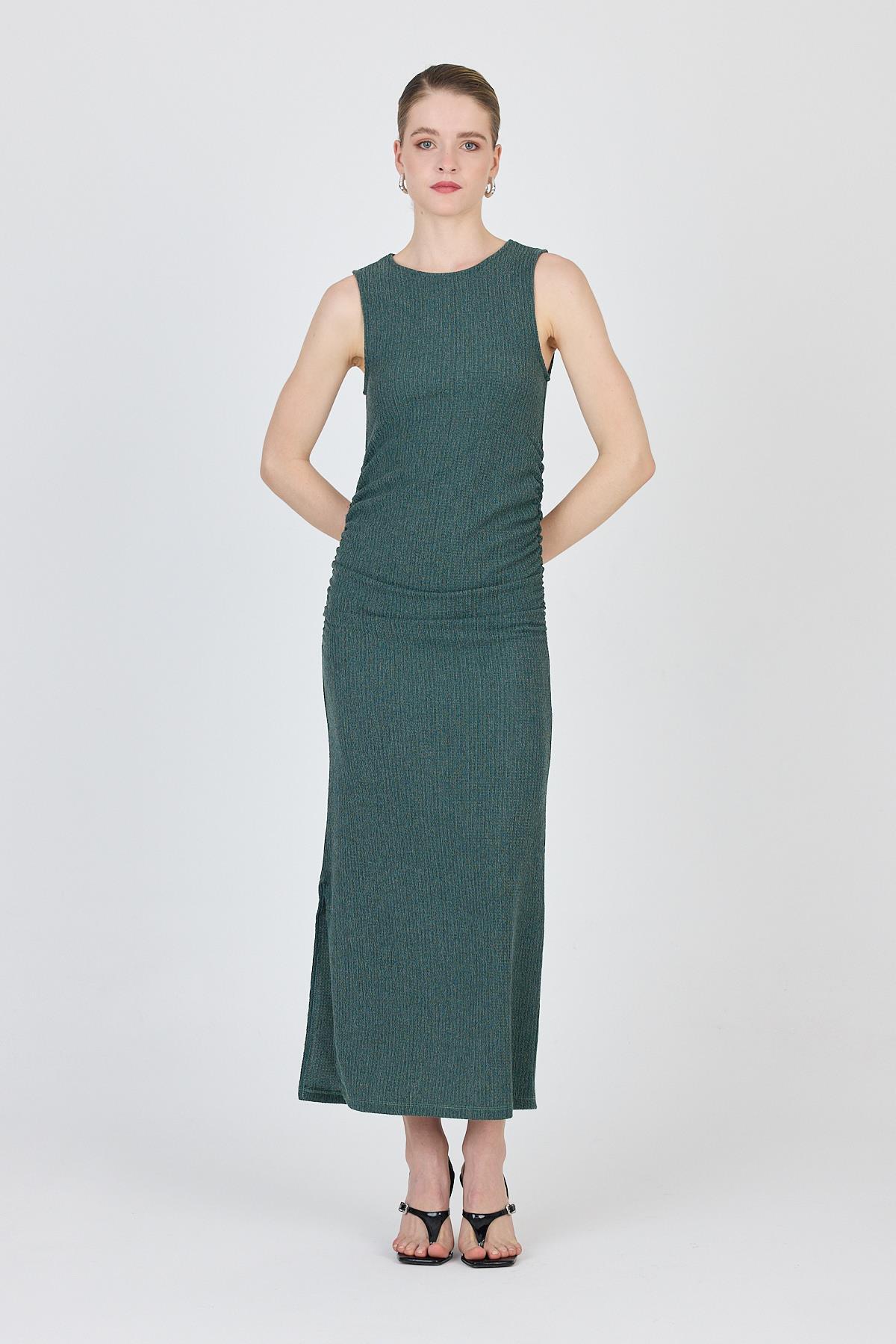 Yeşil Bisiklet Yaka Yanları Büzgülü Uzun Elbise 1489 - RAYS