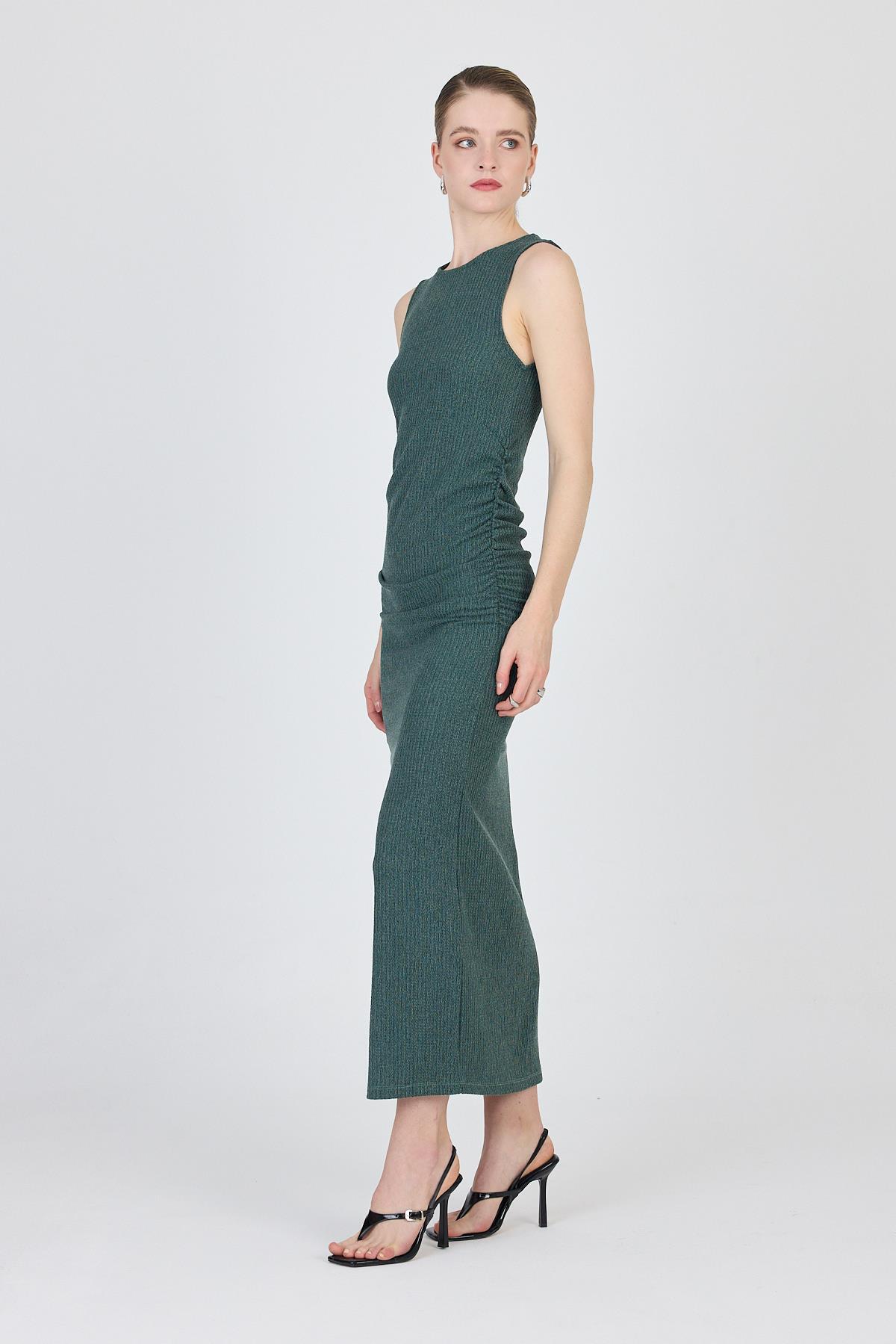 Yeşil Bisiklet Yaka Yanları Büzgülü Uzun Elbise 1489 - RAYS