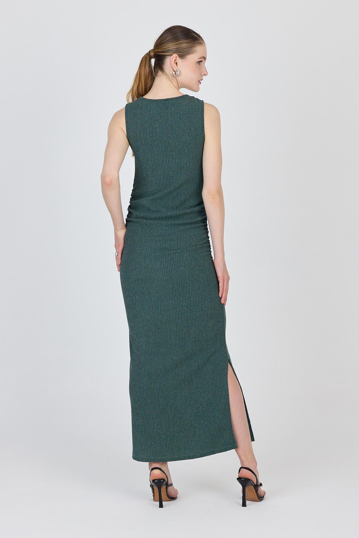 Yeşil Bisiklet Yaka Yanları Büzgülü Uzun Elbise 1489 - 5