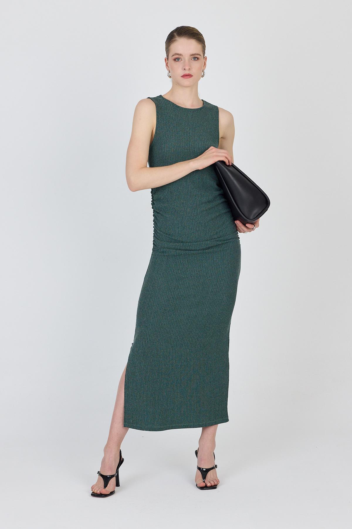 Yeşil Bisiklet Yaka Yanları Büzgülü Uzun Elbise 1489 - 6