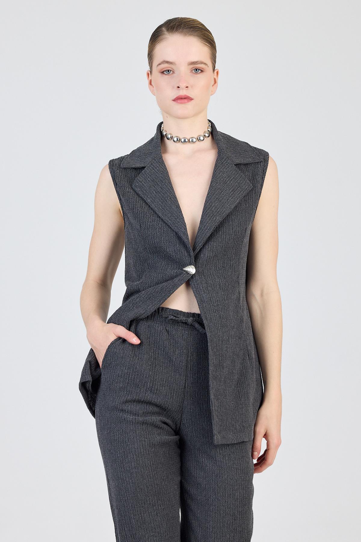 Antrasit Kolsuz Yelek ve Bol Paça Pantolon Takımı 1490 - 2