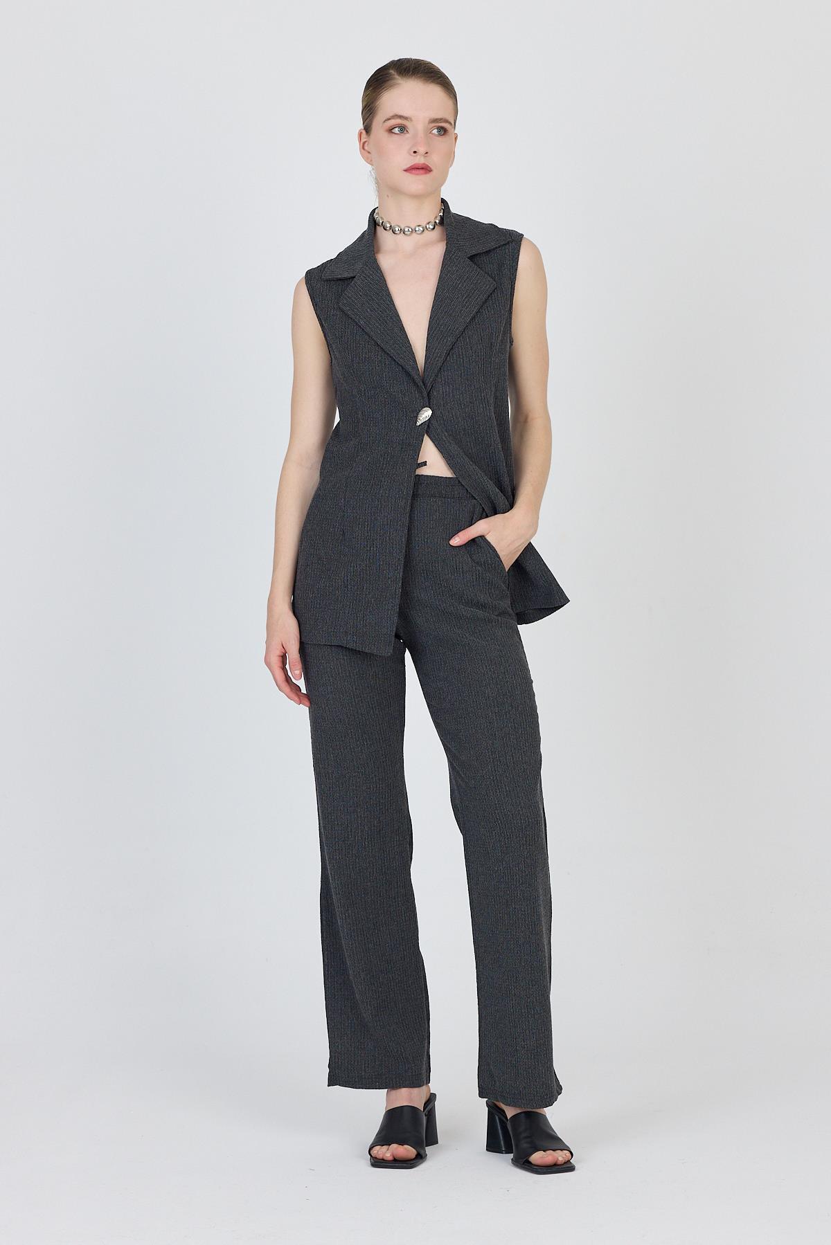 Antrasit Kolsuz Yelek ve Bol Paça Pantolon Takımı 1490 