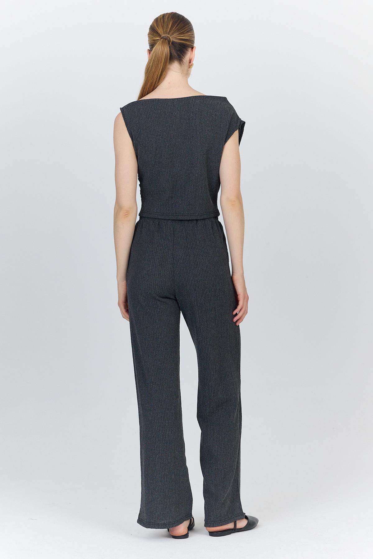 Antrasit Asimetrik Omuz Detaylı Bluz ve Geniş Paça Pantolon Takım 1491 - 5
