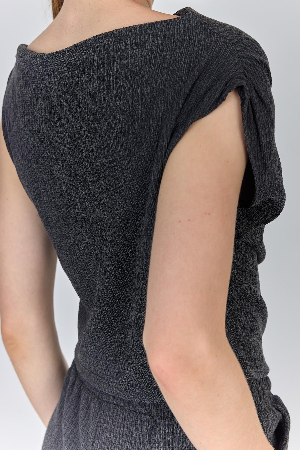 Antrasit Asimetrik Omuz Detaylı Bluz ve Geniş Paça Pantolon Takım 1491 - 6