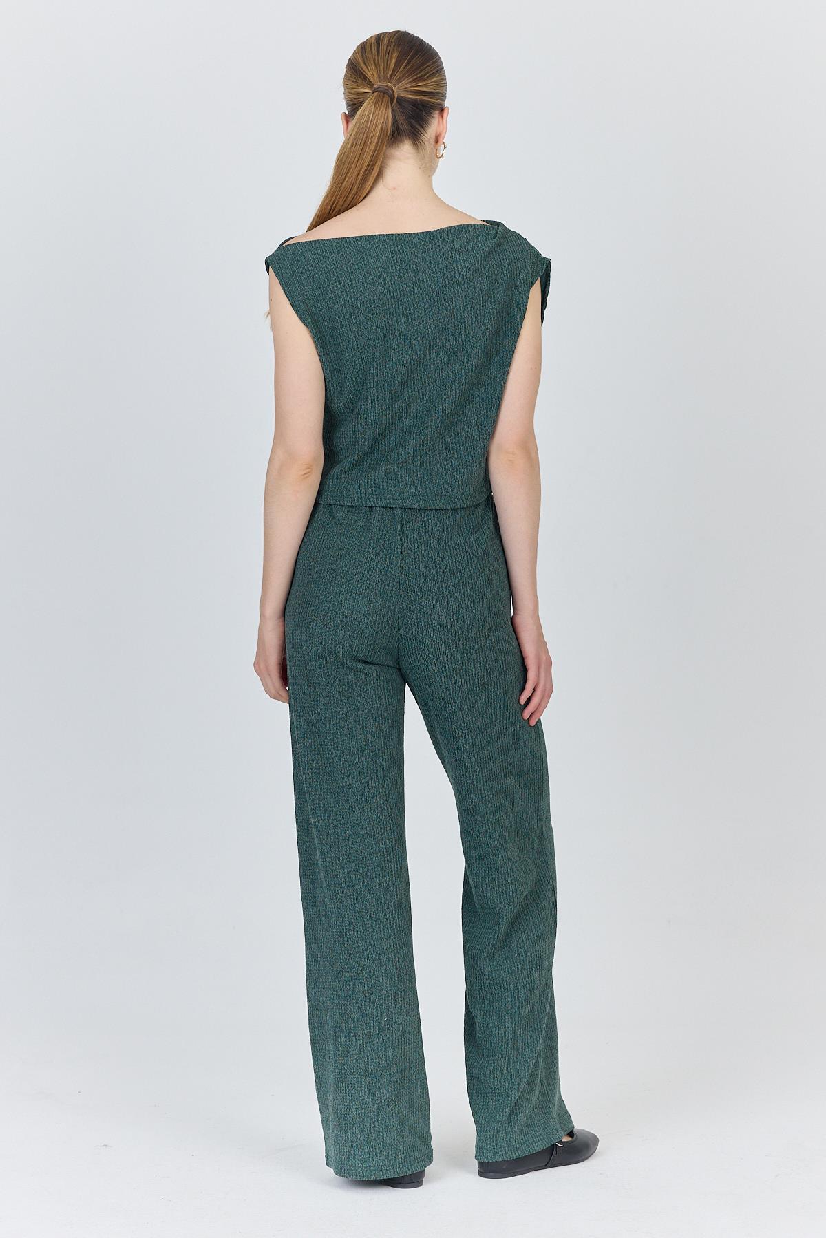 Yeşil Asimetrik Omuz Detaylı Bluz ve Geniş Paça Pantolon Takım 1491 - 5