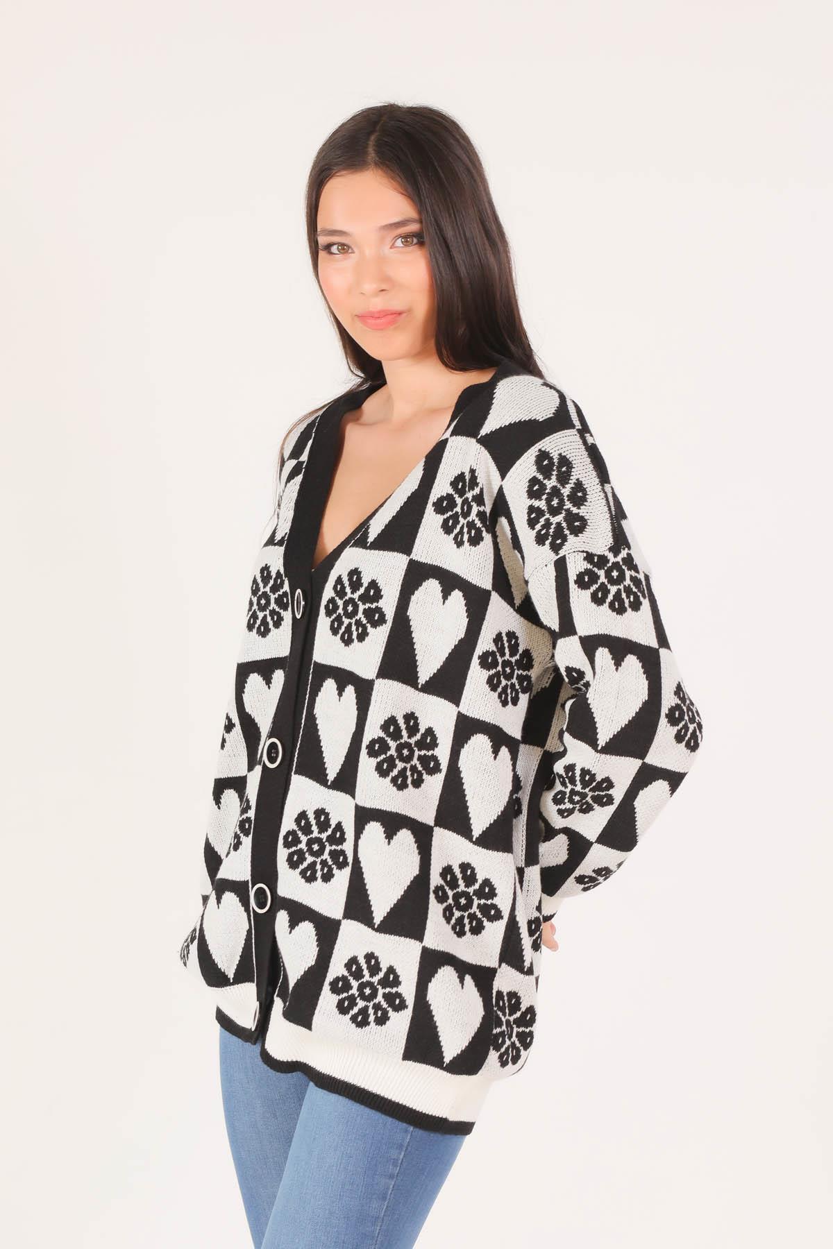 1497 Kalp Desenli Hırka Siyah - 5