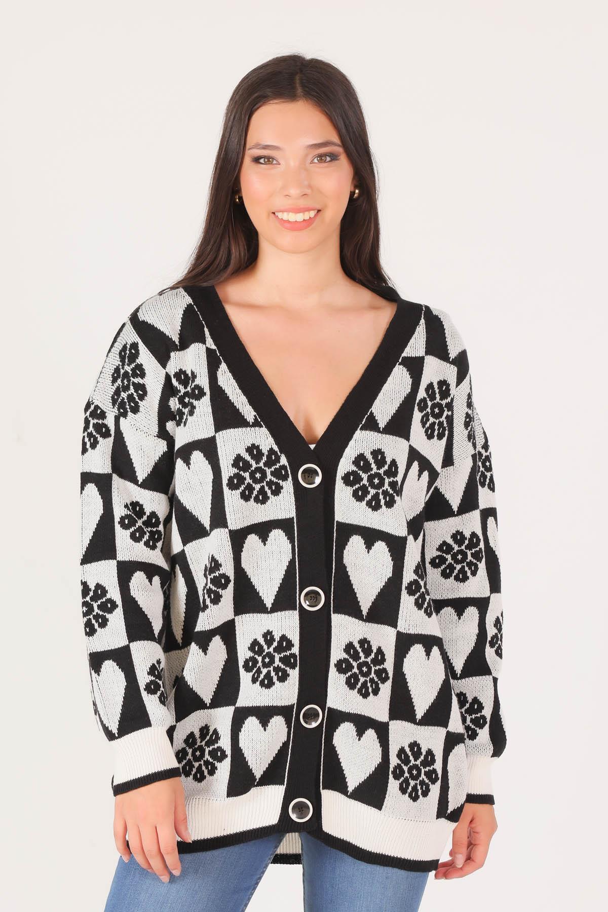 Siyah Kalp Desenli Hırka 1497 