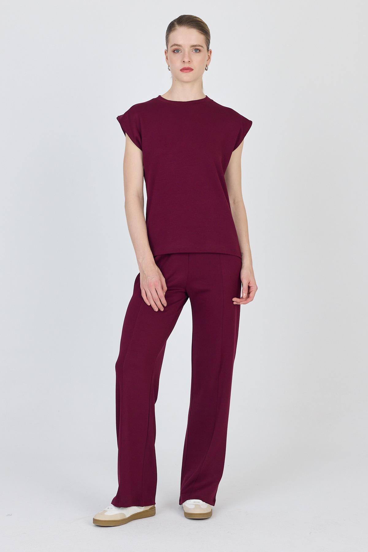 Bordo Bisiklet Yaka İkili Tişört Pantolon Takım 1502 - 1