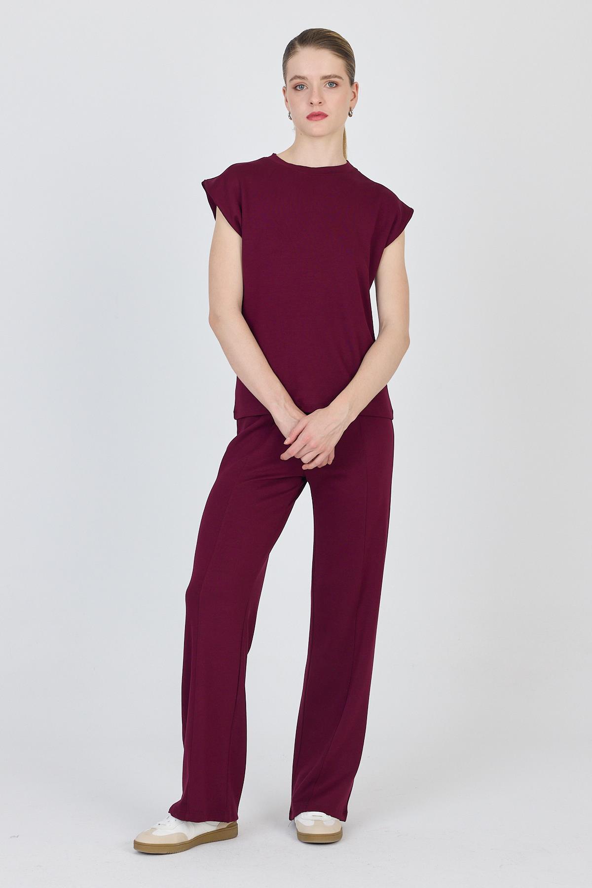 Bordo Bisiklet Yaka İkili Tişört Pantolon Takım 1502 - 6