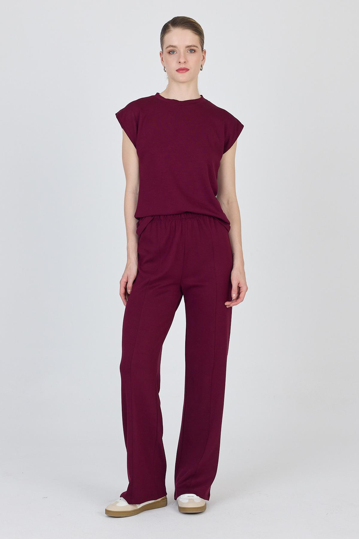 Bordo Bisiklet Yaka İkili Tişört Pantolon Takım 1502 - 2