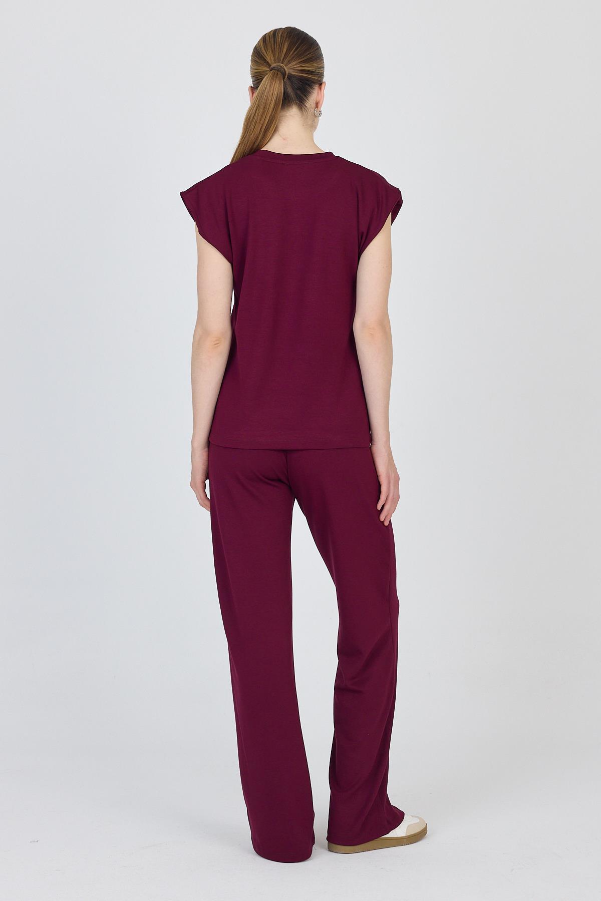 Bordo Bisiklet Yaka İkili Tişört Pantolon Takım 1502 - 5