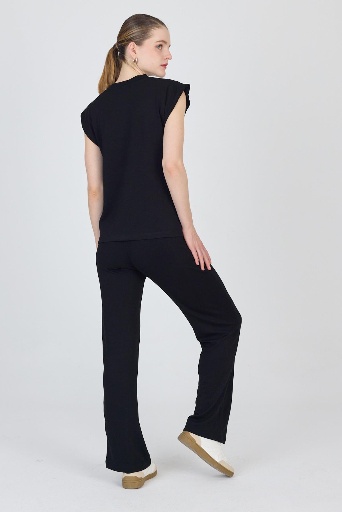 Siyah Bisiklet Yaka İkili Tişört Pantolon Takım 1502 - 5