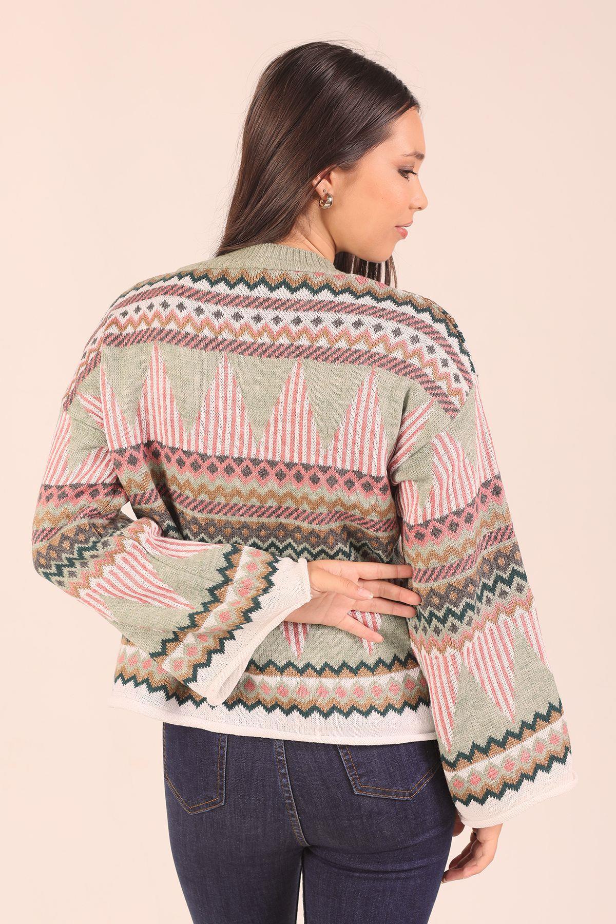 1509 İspanyol Kol Etnik Desen Kazak Çağla Yeşili - 4