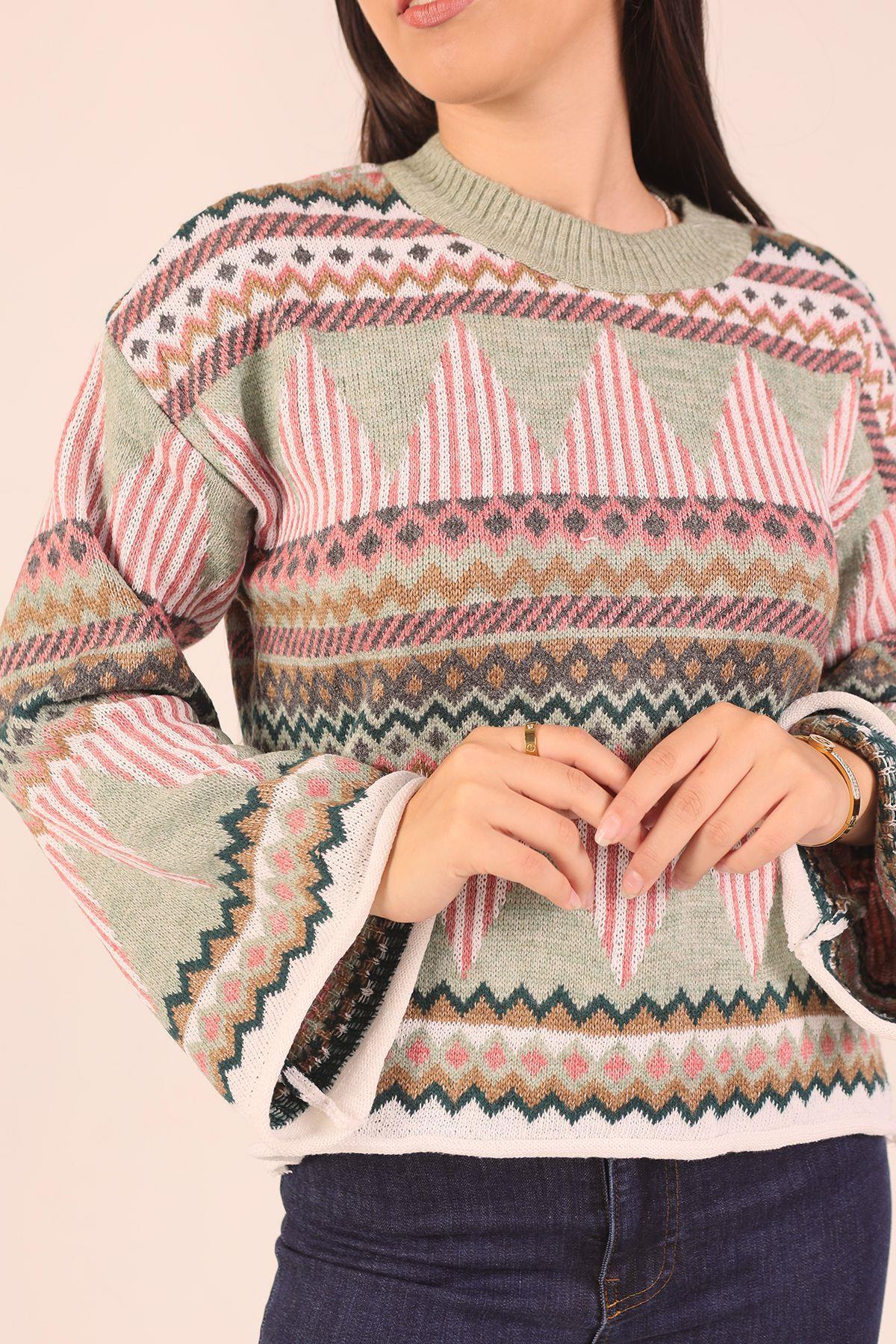 1509 İspanyol Kol Etnik Desen Kazak Çağla Yeşili - 6